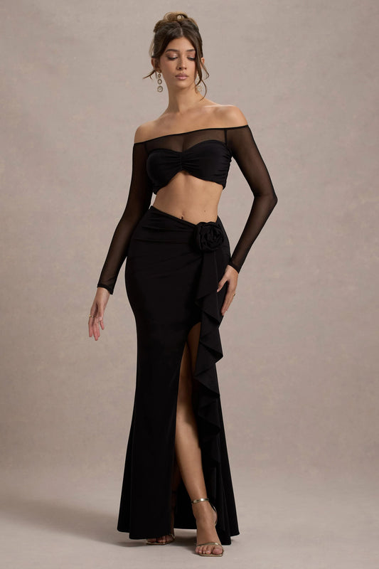 Kavi | Black Ruched Split Maxi Skirt