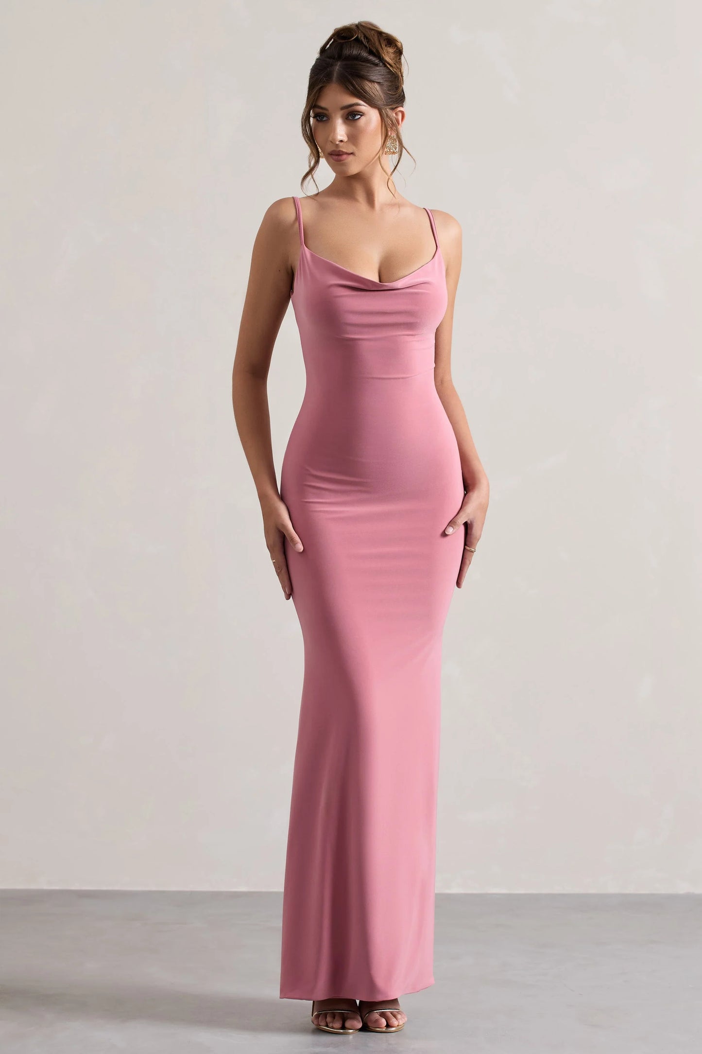 Francoise | Blush Cowl Neck Backless Maxi Dress With Lace Insert