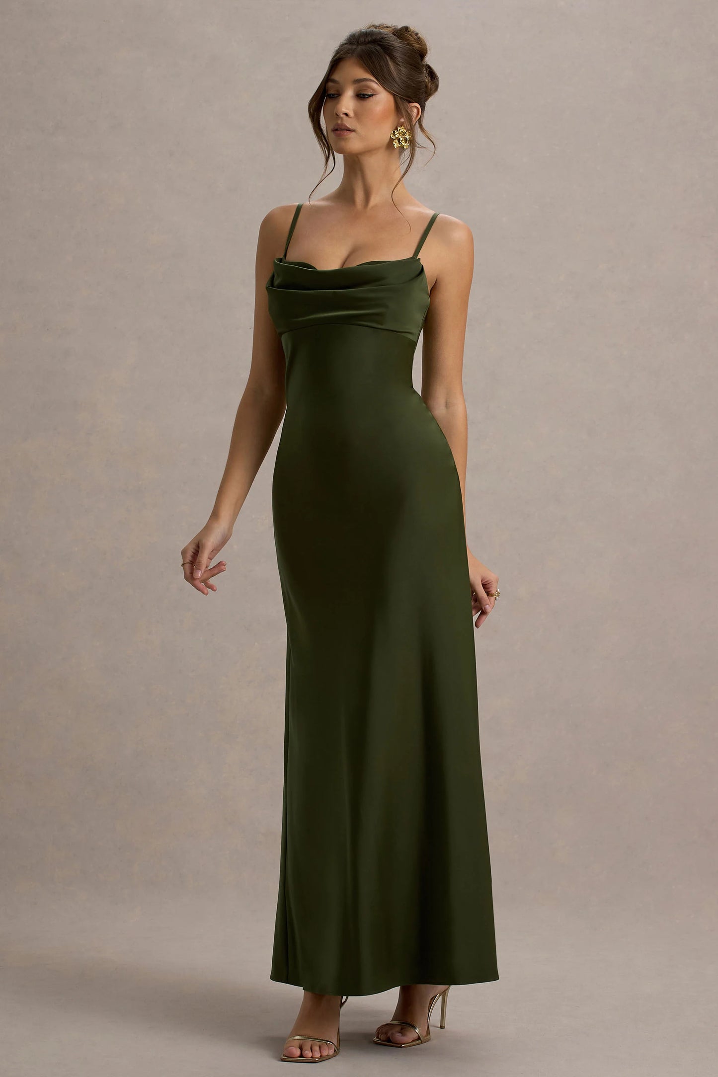 Eimear | Olive Green Satin Draped Sweetheart Maxi Dress