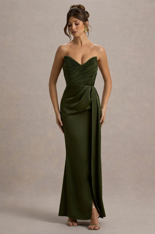 Edel | Olive Satin Strapless Maxi Dress With Drape