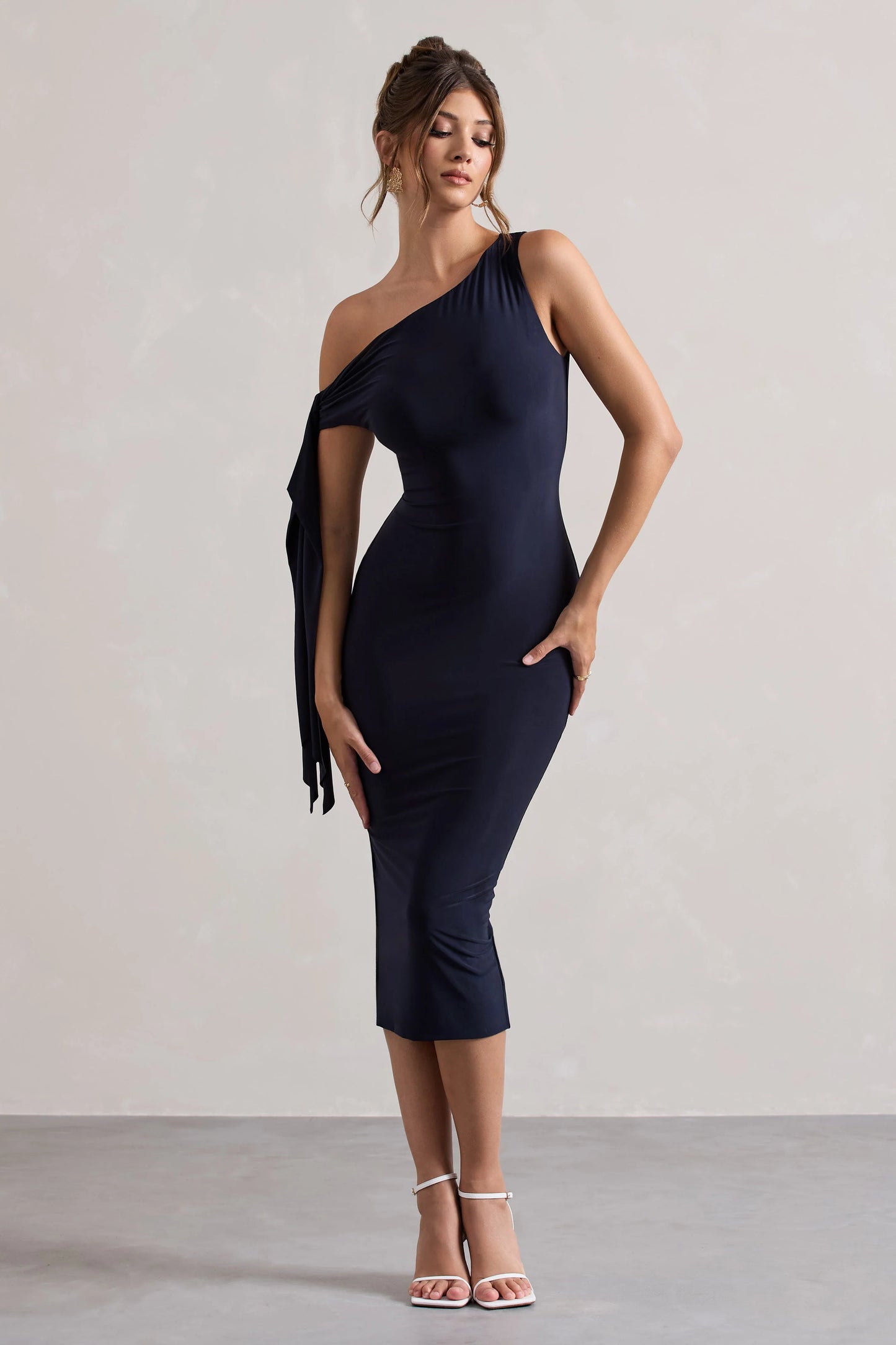 Adapt | Navy Asymmetric Midi Dress With Tie Sleeve