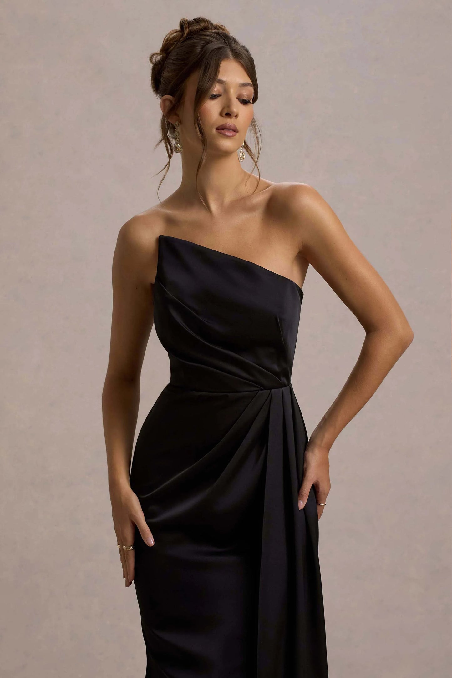 Cairo | Black Satin Strapless Draped Maxi Dress