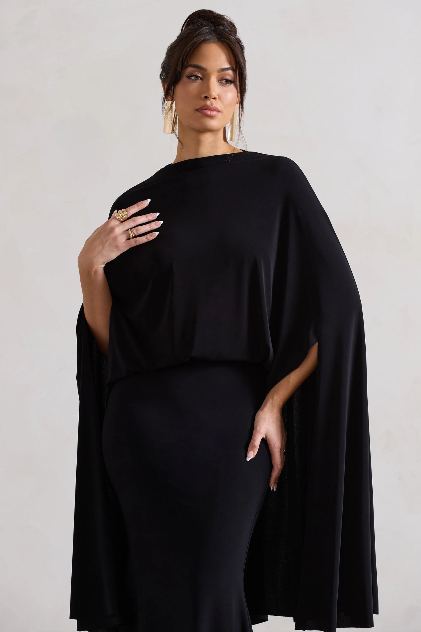 Charmaine | Black High-Neck Maxi Dress With Cape