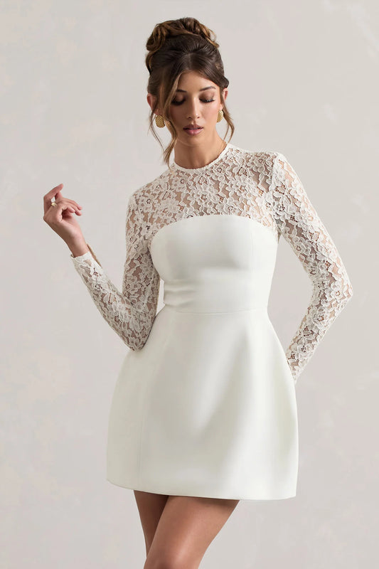 Birdie | White Lace Long-Sleeve Mini Dress