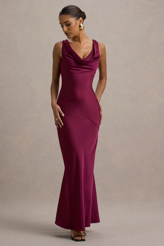 Alesso | Burgundy Satin Cowl-Neck Maxi Dress