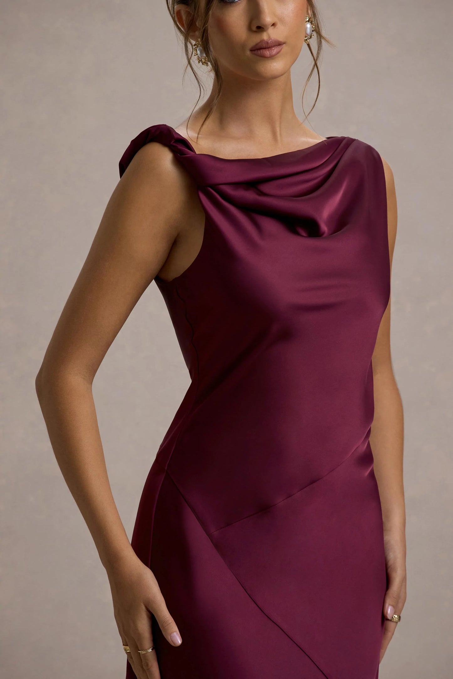 Donelli | Plum Satin Asymmetric Midi Dress