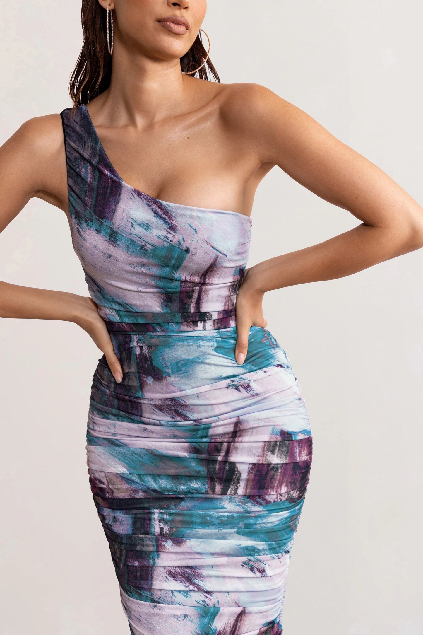 Late Night | Multi Print Asymmetric One Shoulder Ruched Midi Dress