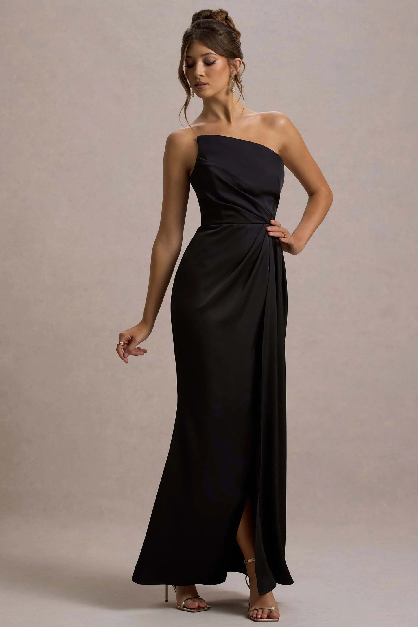 Cairo | Black Satin Strapless Draped Maxi Dress