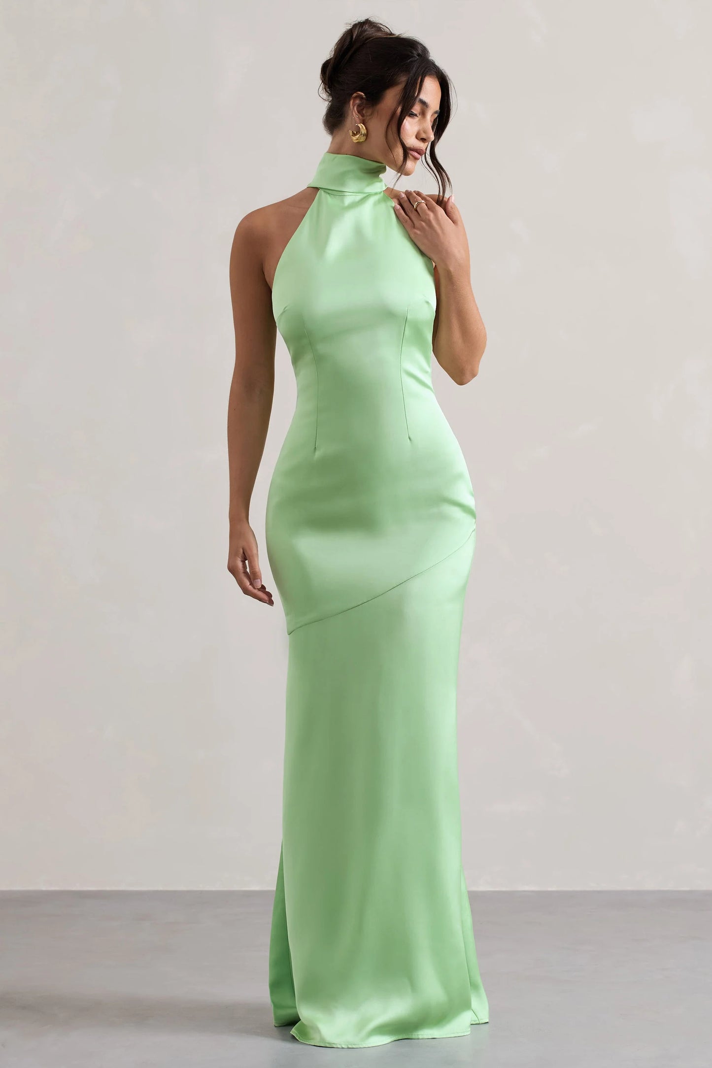 Adoria | Light Green Satin High-Neck Maxi Dress