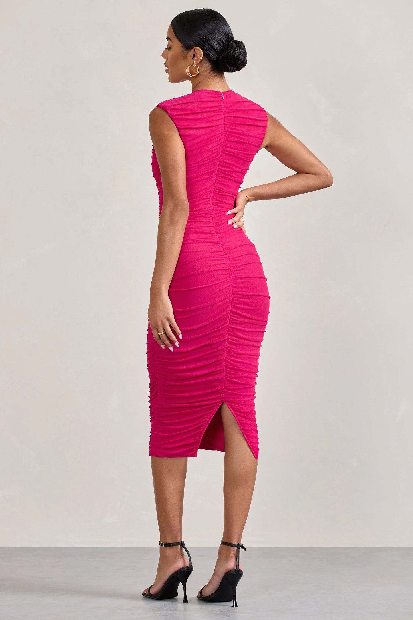 Alight | Fuchsia Pink Ruched Mesh Sleeveless Bodycon Midi Dress