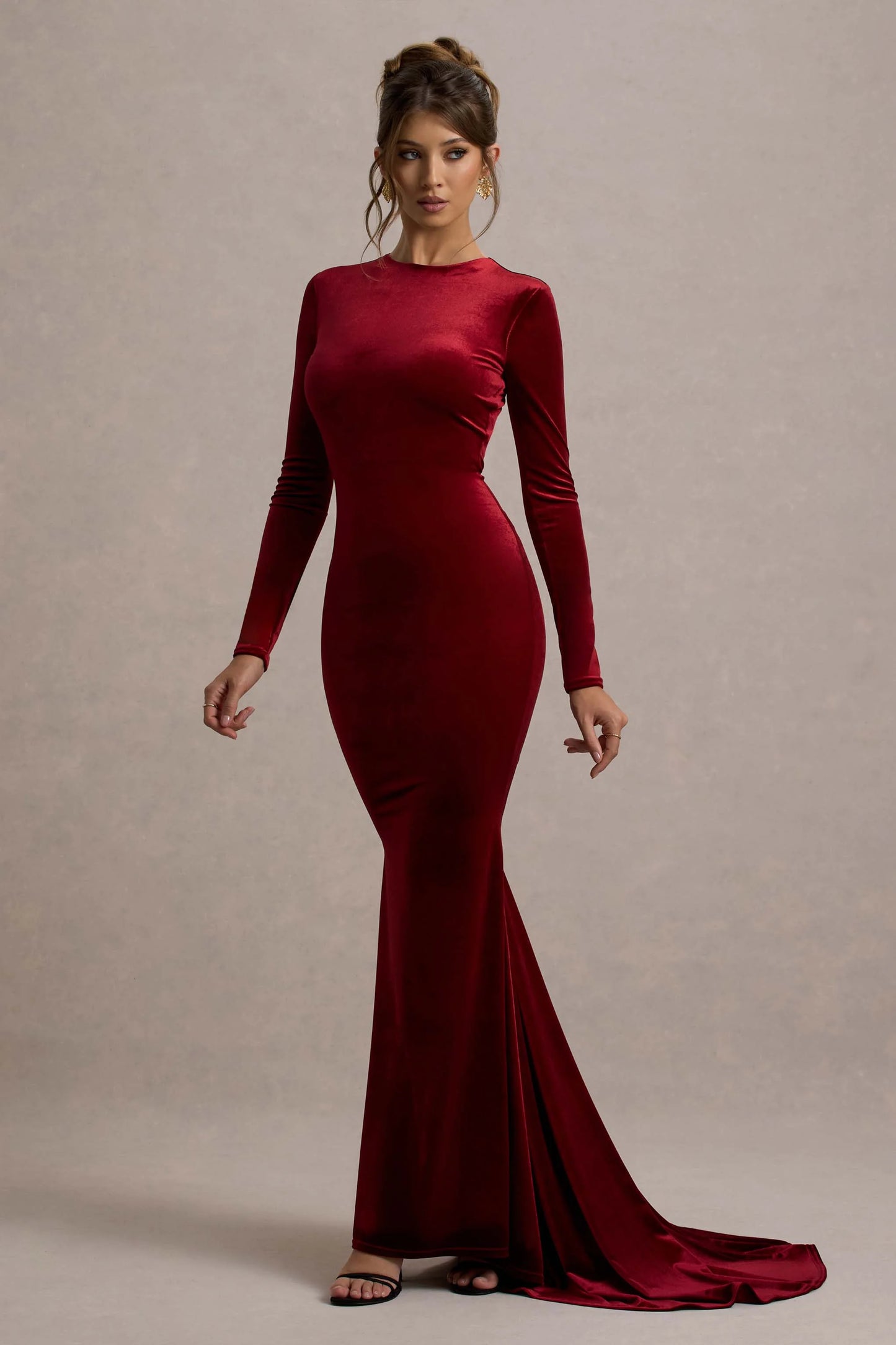 Keaton | Berry Velvet Long-Sleeve Open-Back Maxi Dress