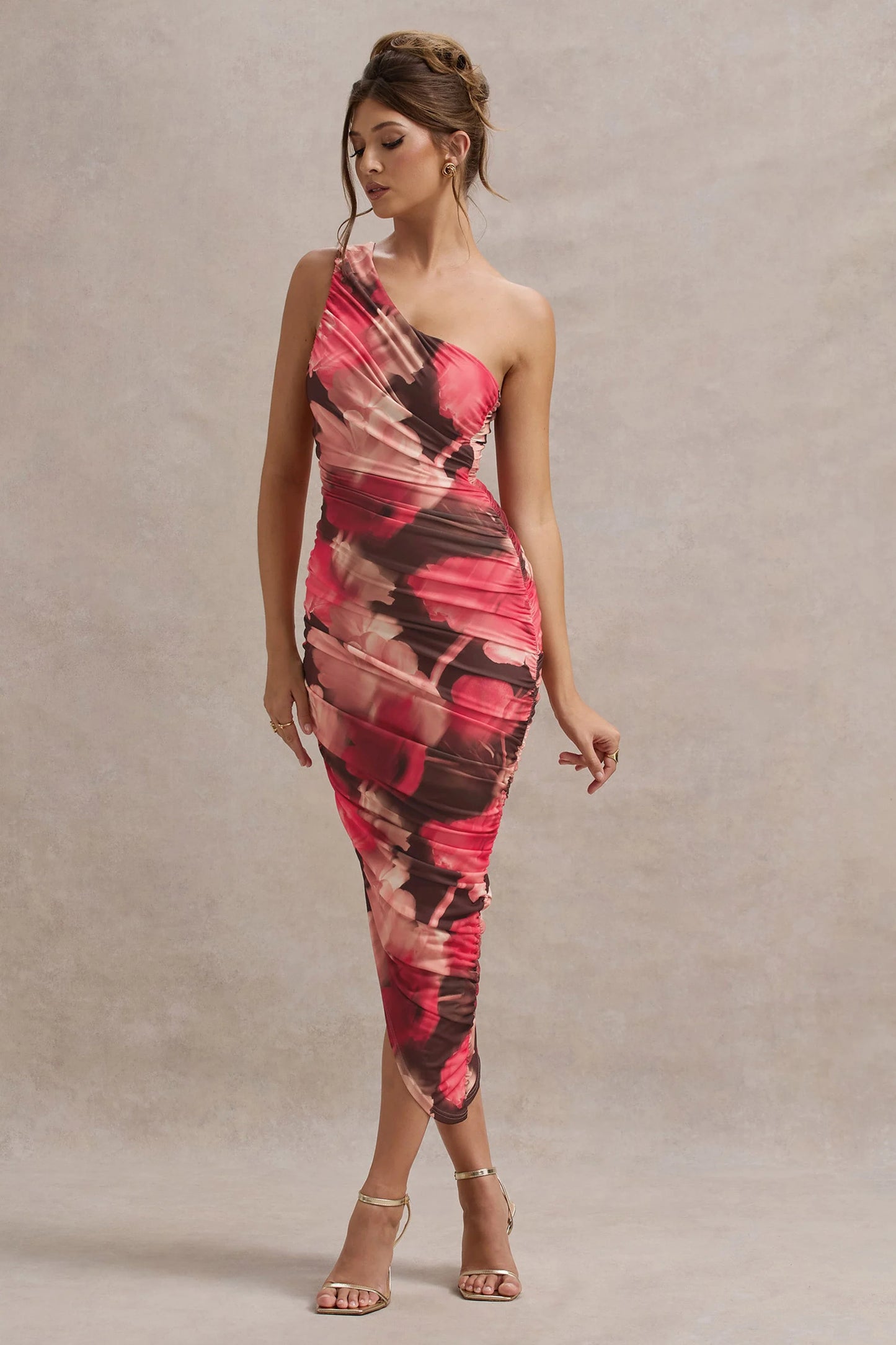 Dorit | Red Floral Print One Shoulder Asymmetric Ruched Midi Dress