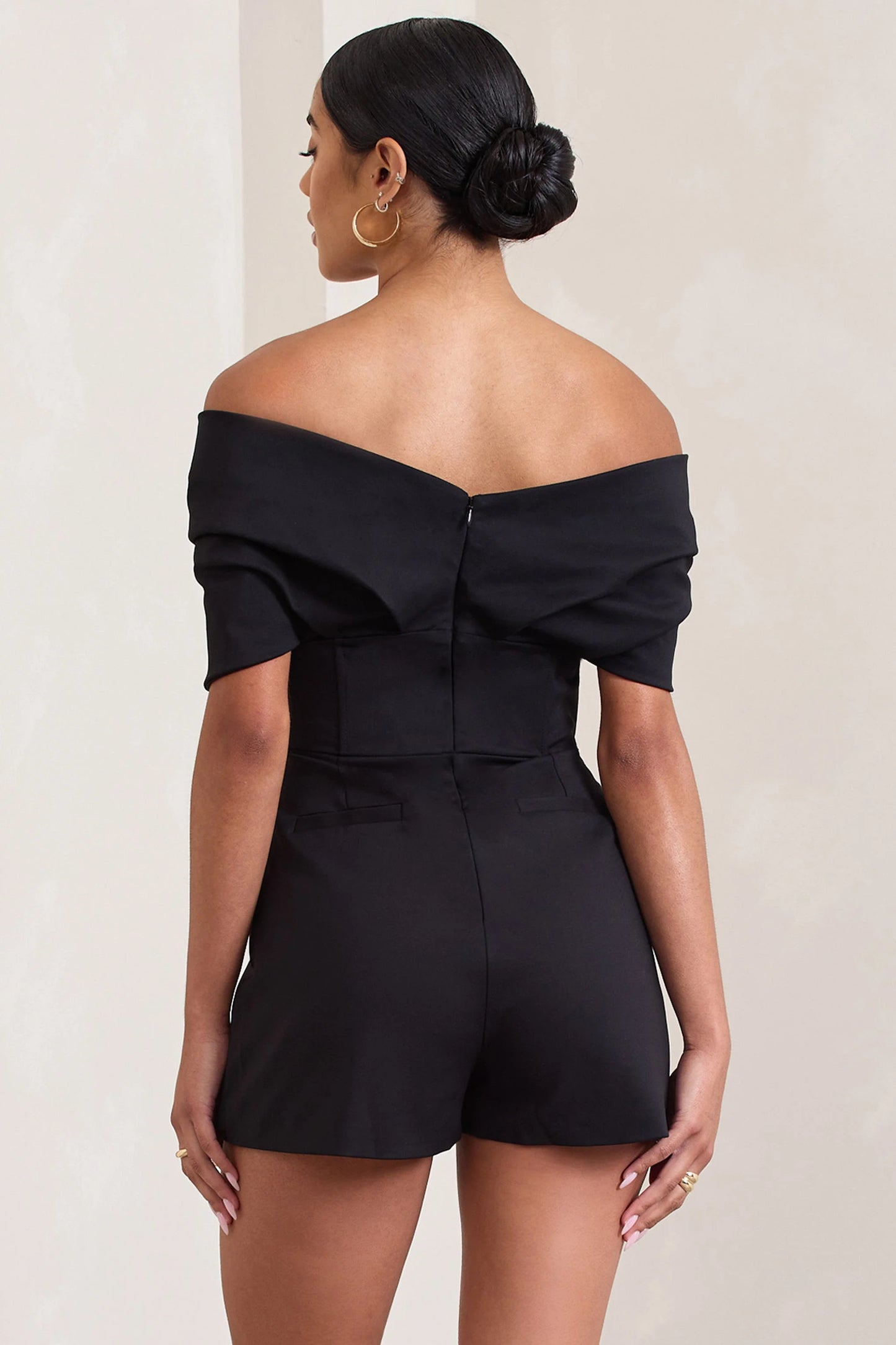 Damsel | Black Cotton-Blend Corset Bardot Playsuit