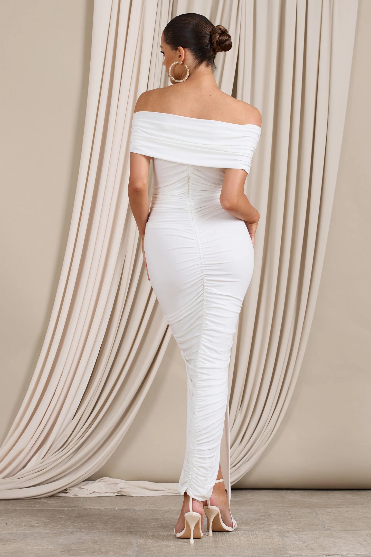 Camrin | White Ruched Bardot Maxi Dress With Train Detail