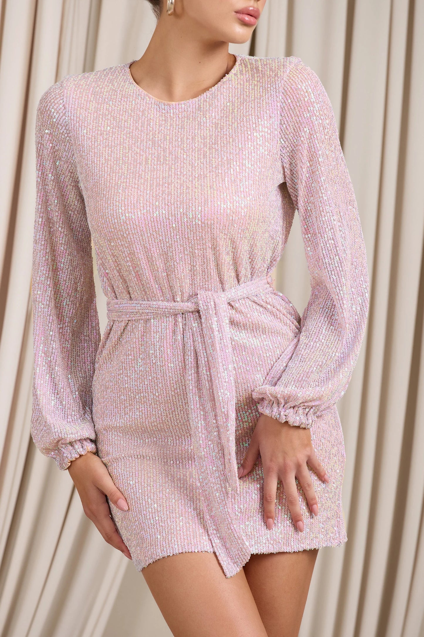 Astrological | Nude Mix Sequin Long Sleeve Mini Dress With Belt Detail