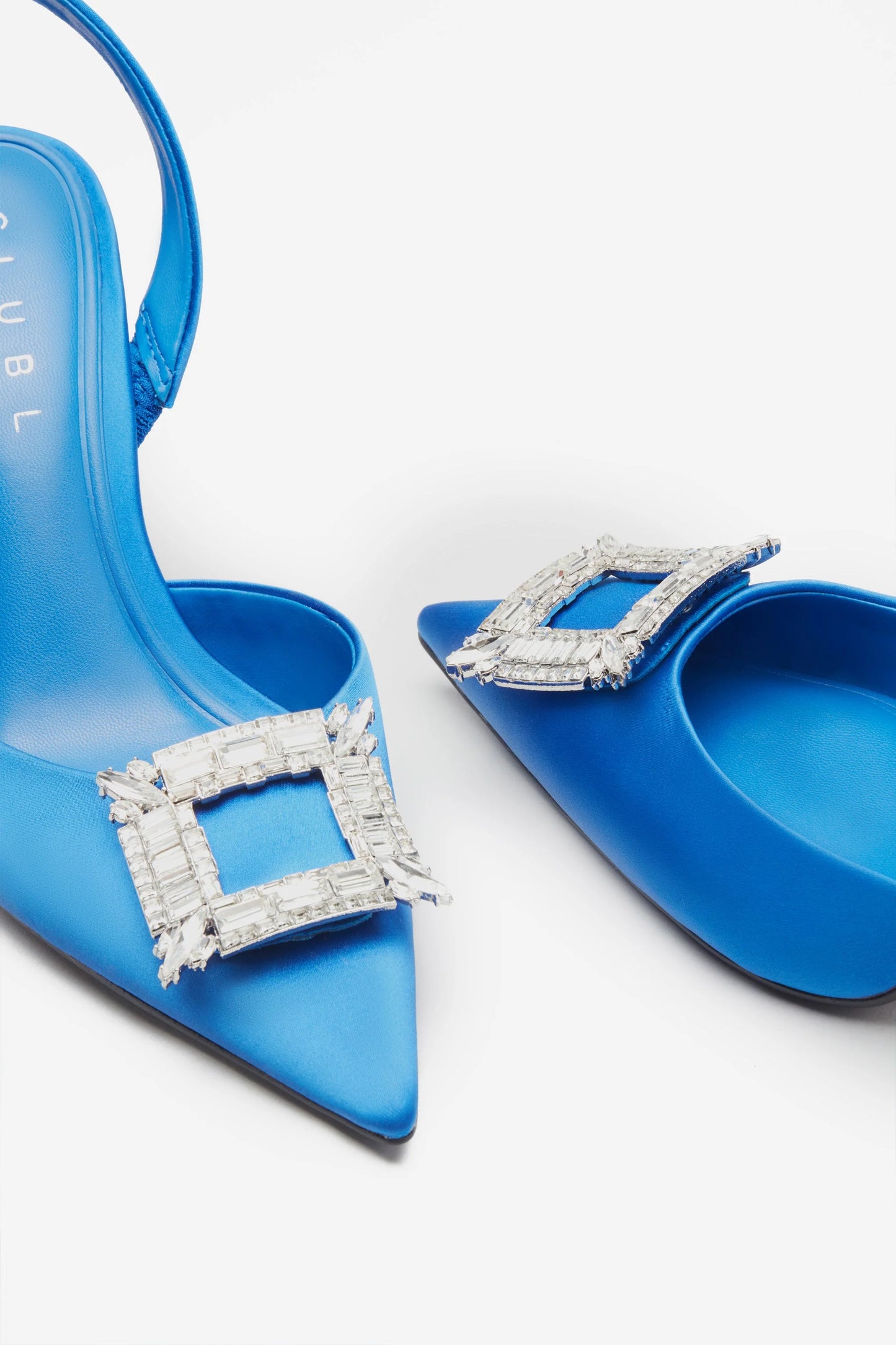 Just A Fling | Blue Satin Sling Back Heels With Diamante Brooches