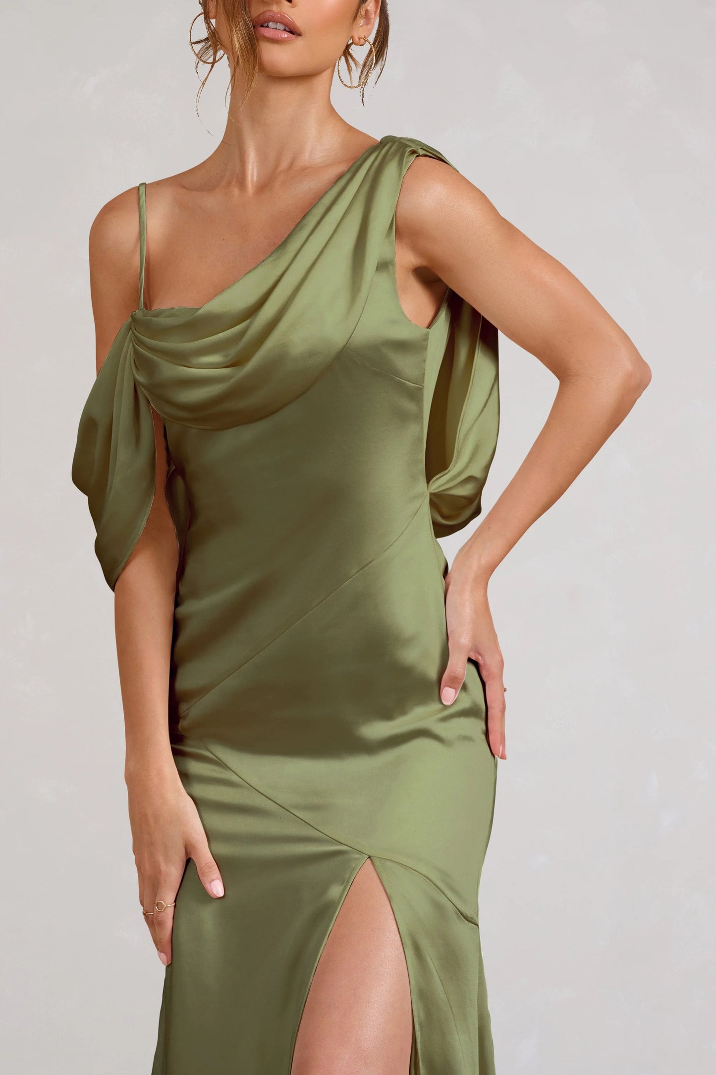 Jayne | Olive Satin Asymmetric Draped Split Maxi Dress