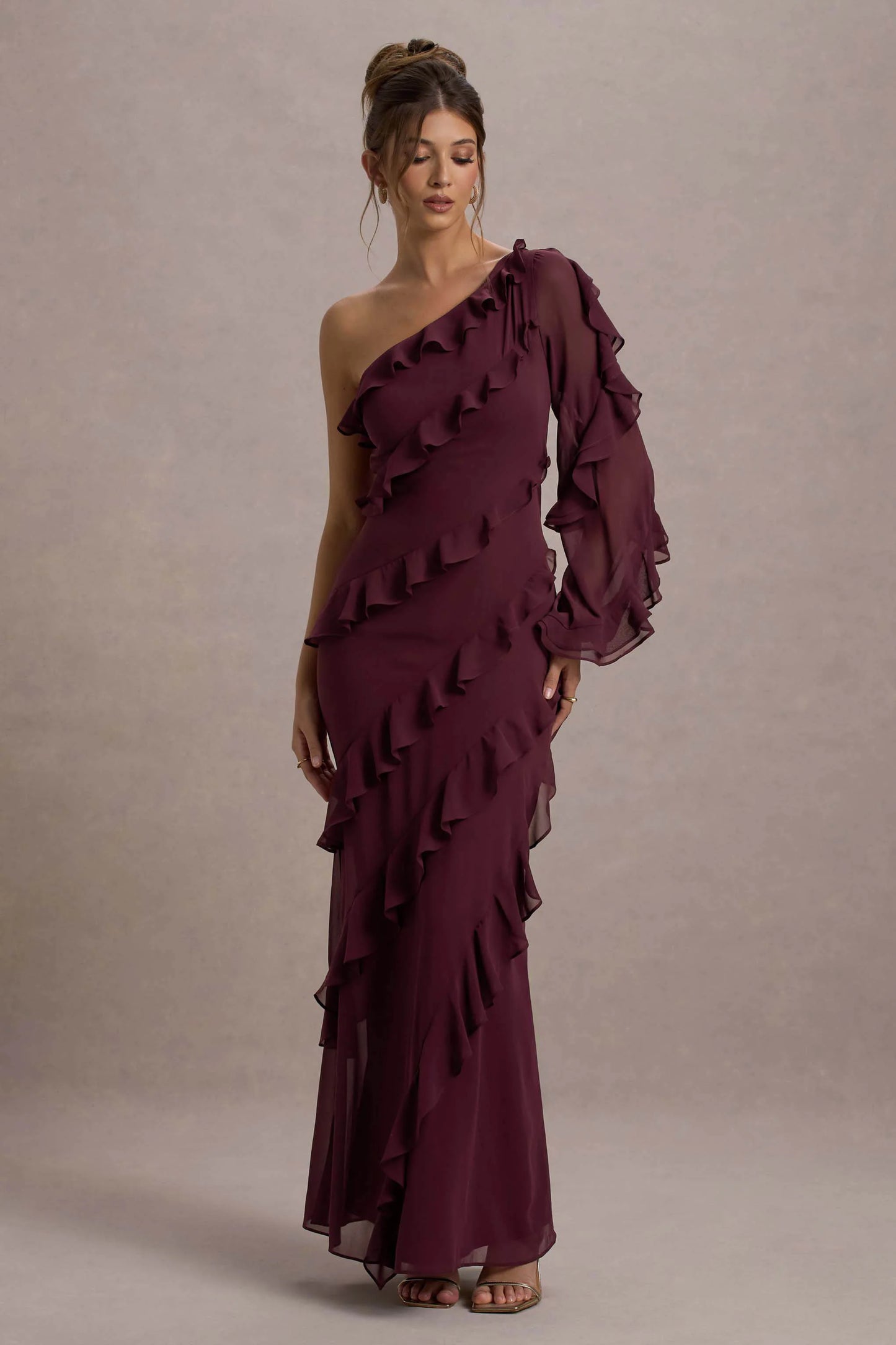 Lalika | Burgundy Asymmetric One-Sleeve Ruffle Maxi Dress