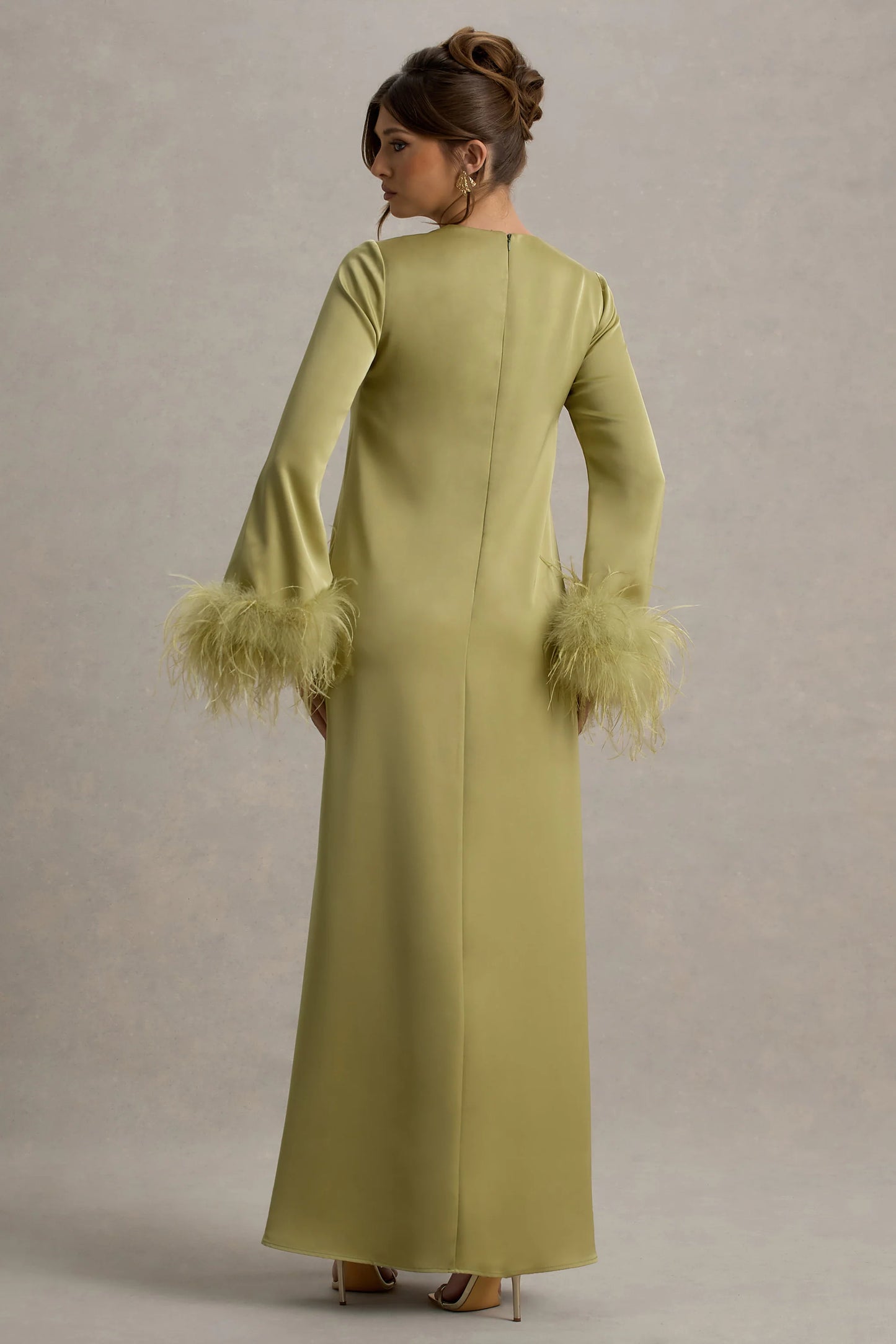 Adella | Light Green Satin Feather-Trim Maxi Dress