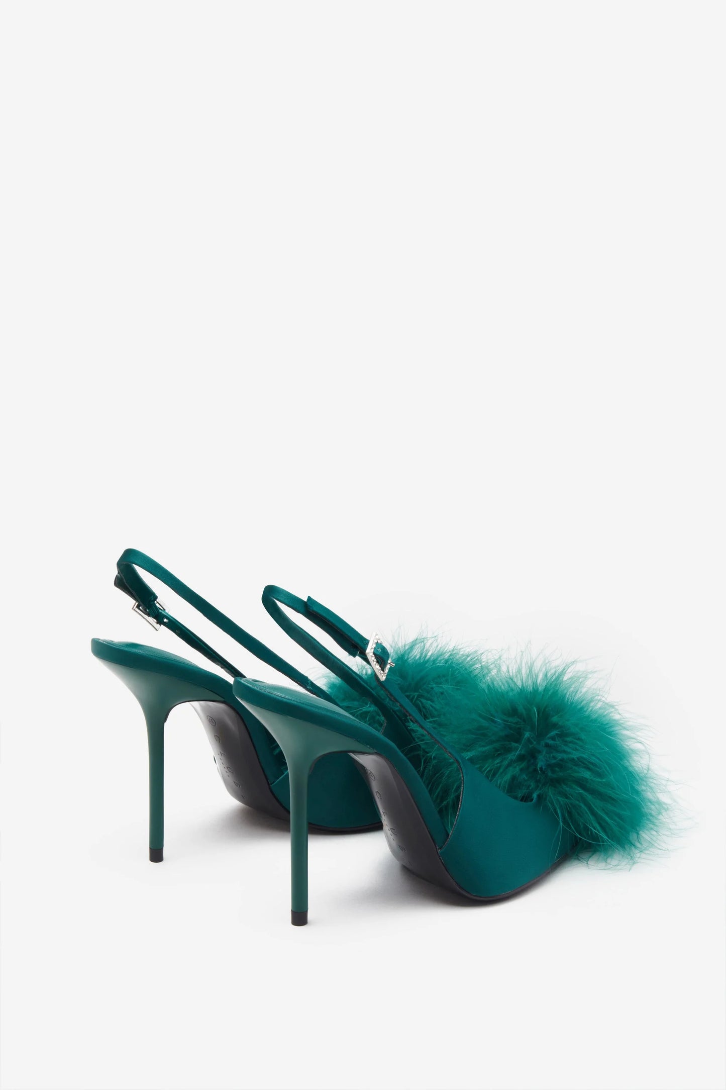 High Pitched | Green Satin Sling Back Heels With Pom Poms