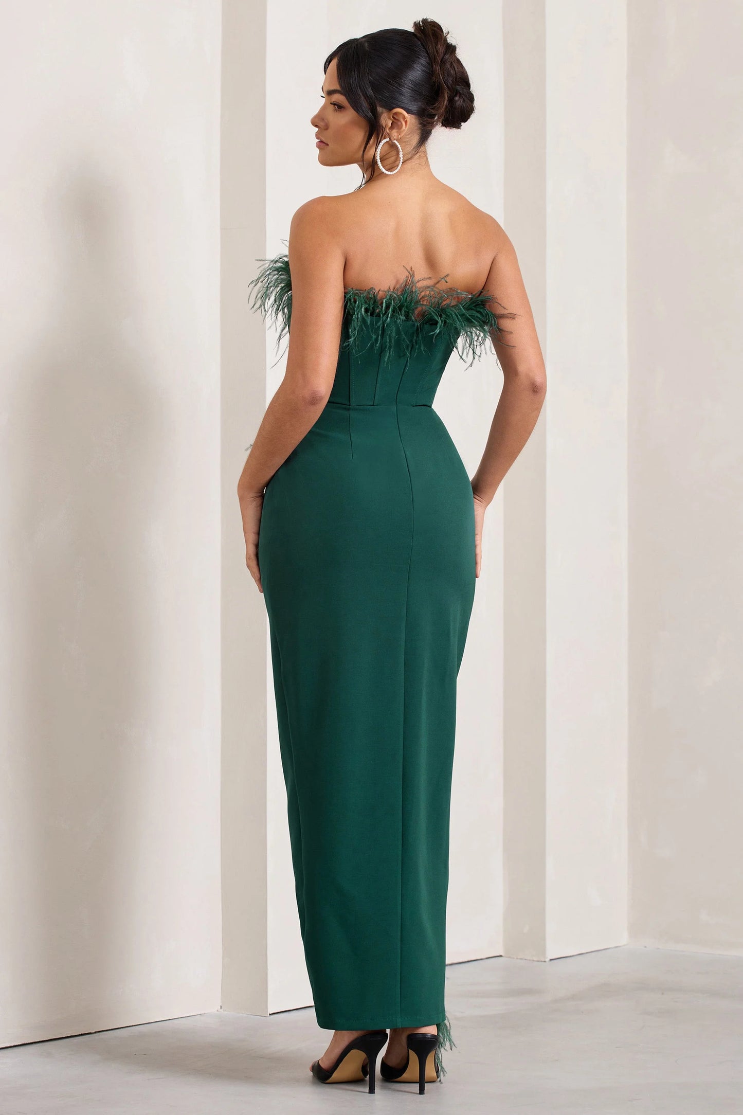 Cosmo | Bottle Green Bandeau Feather Corset Split Maxi Dress