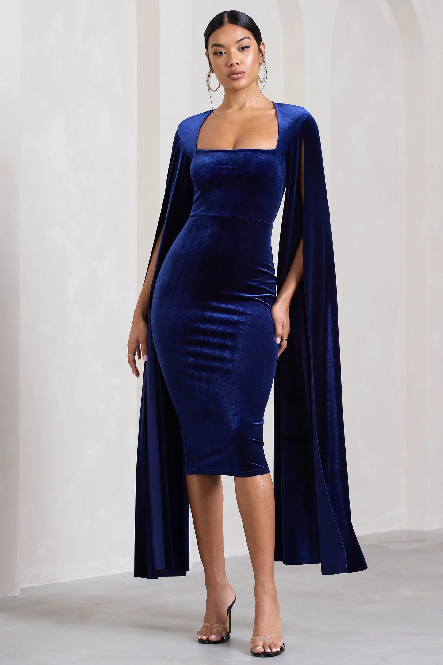 Flawless | Navy Velvet Square Neck Midi Dress With Cape Sleeves