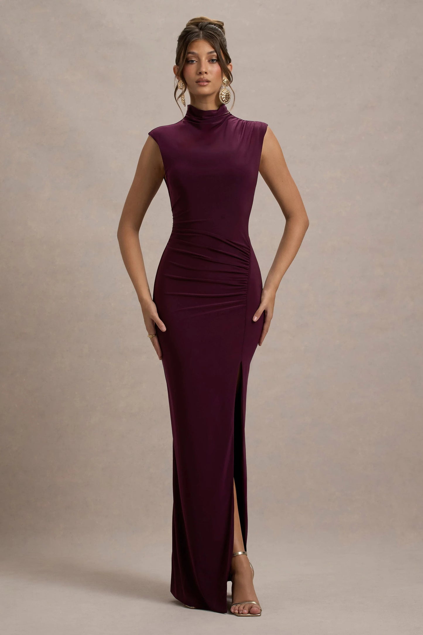 Lanetta | Plum Ruched High-Neck Maxi Dress With Split