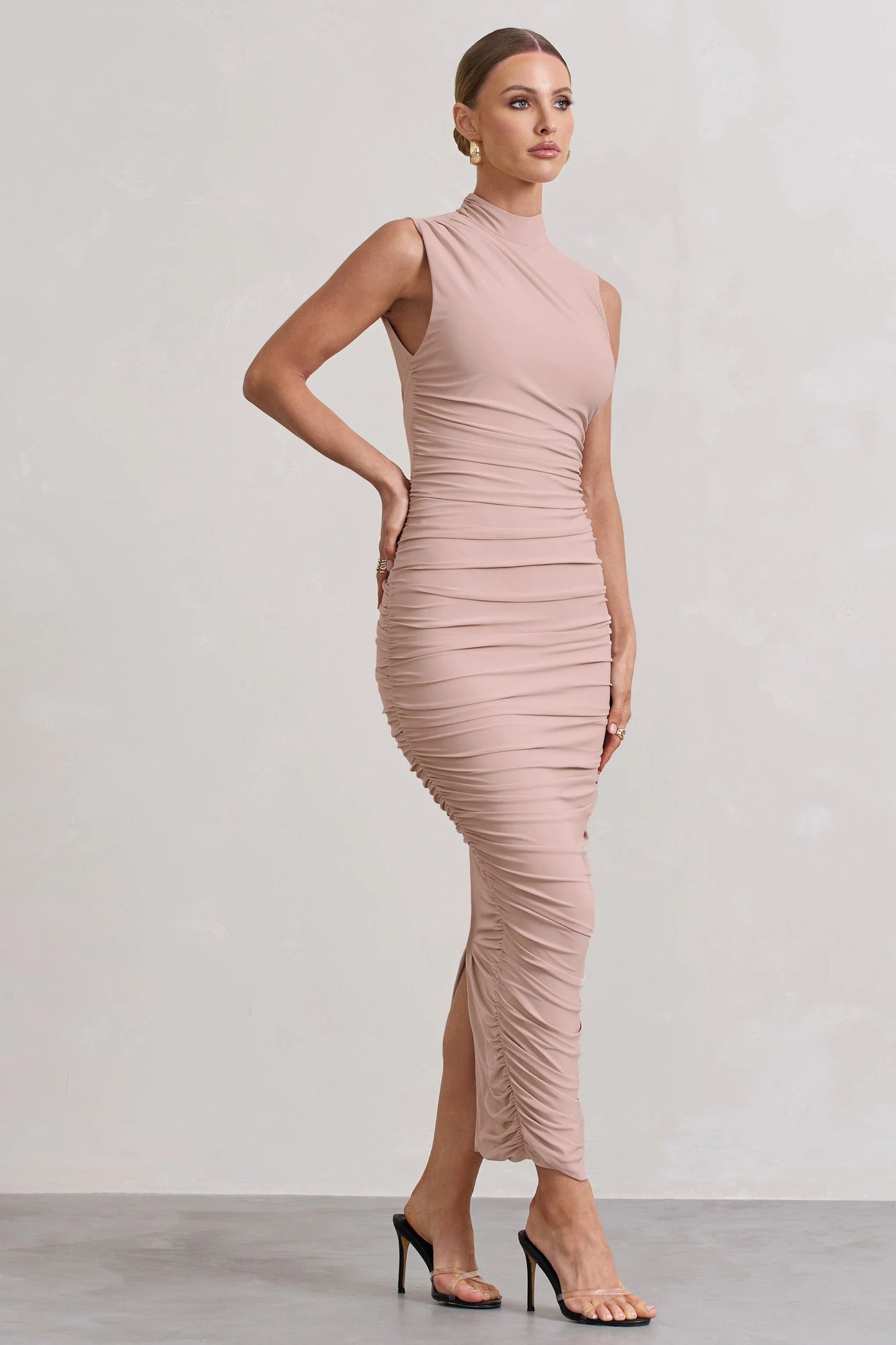 Jaded | Champagne Bodycon Ruched High-Neck Open-Back Maxi Dress