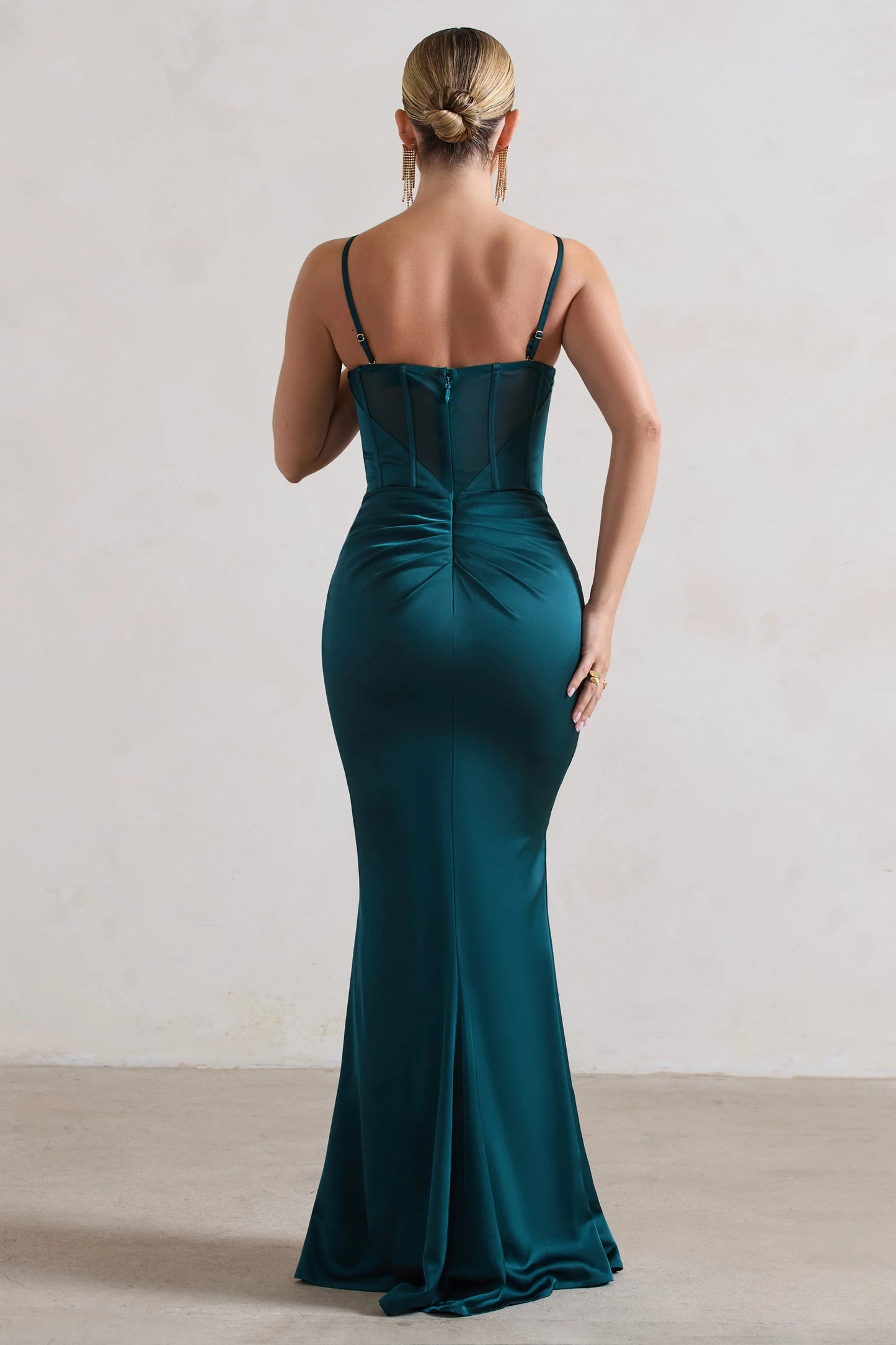 Ardelle | Dark Green Satin Corseted Wrap Maxi Dress