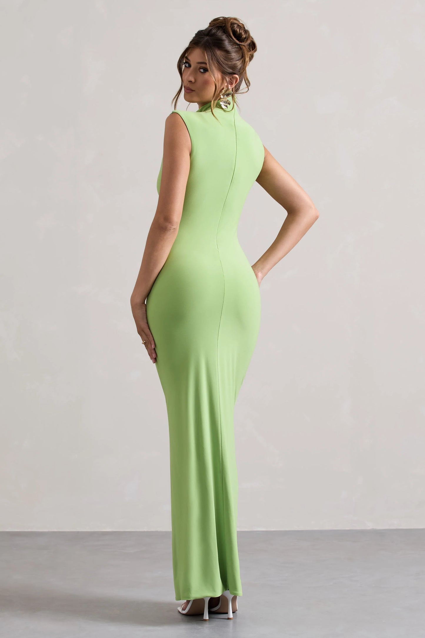 Lanetta | Light Green Ruched High-Neck Maxi Dress With Split