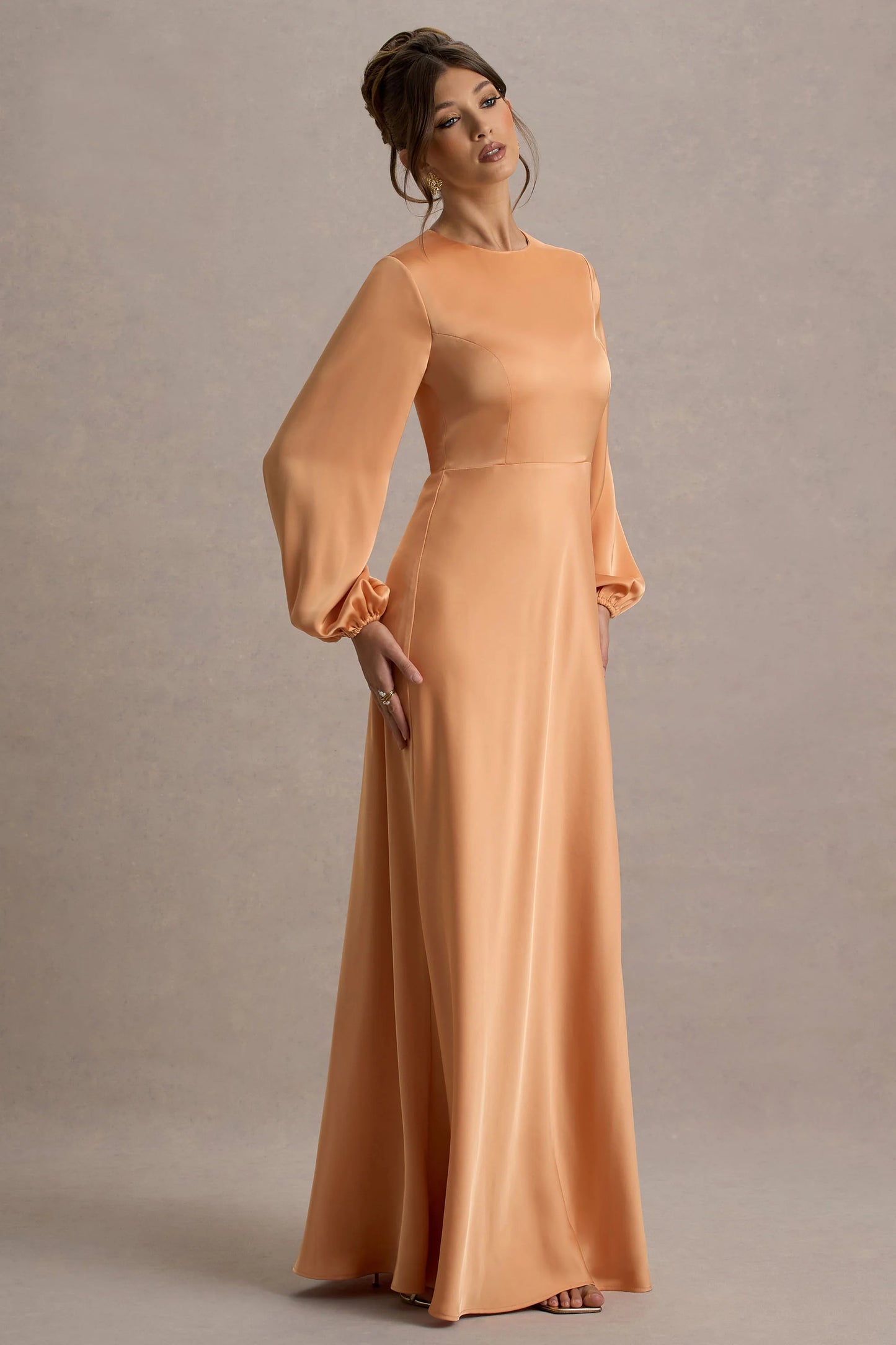 Crawley | Peach Satin Puff-Sleeve Maxi Dress