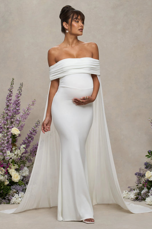 Carlotta | White Bardot Maternity Maxi Dress With Chiffon Cape