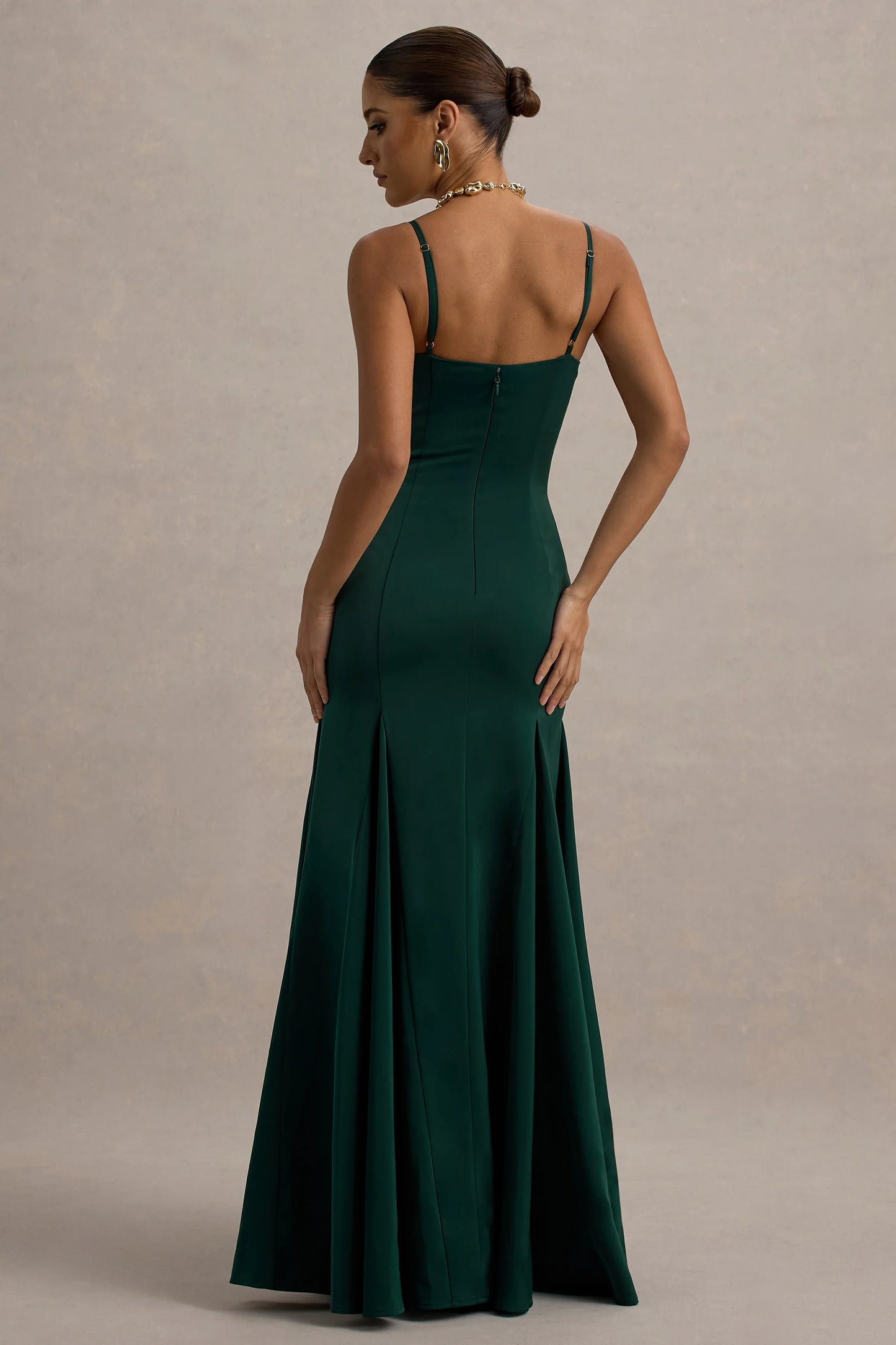 Ashly | Bottle Green Satin Maxi Dress With Volume Hem