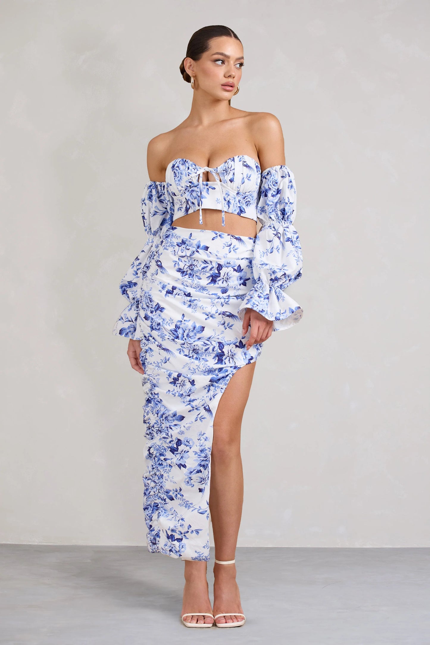 Holiday | Blue Floral Ruched Asymmetric Maxi Skirt