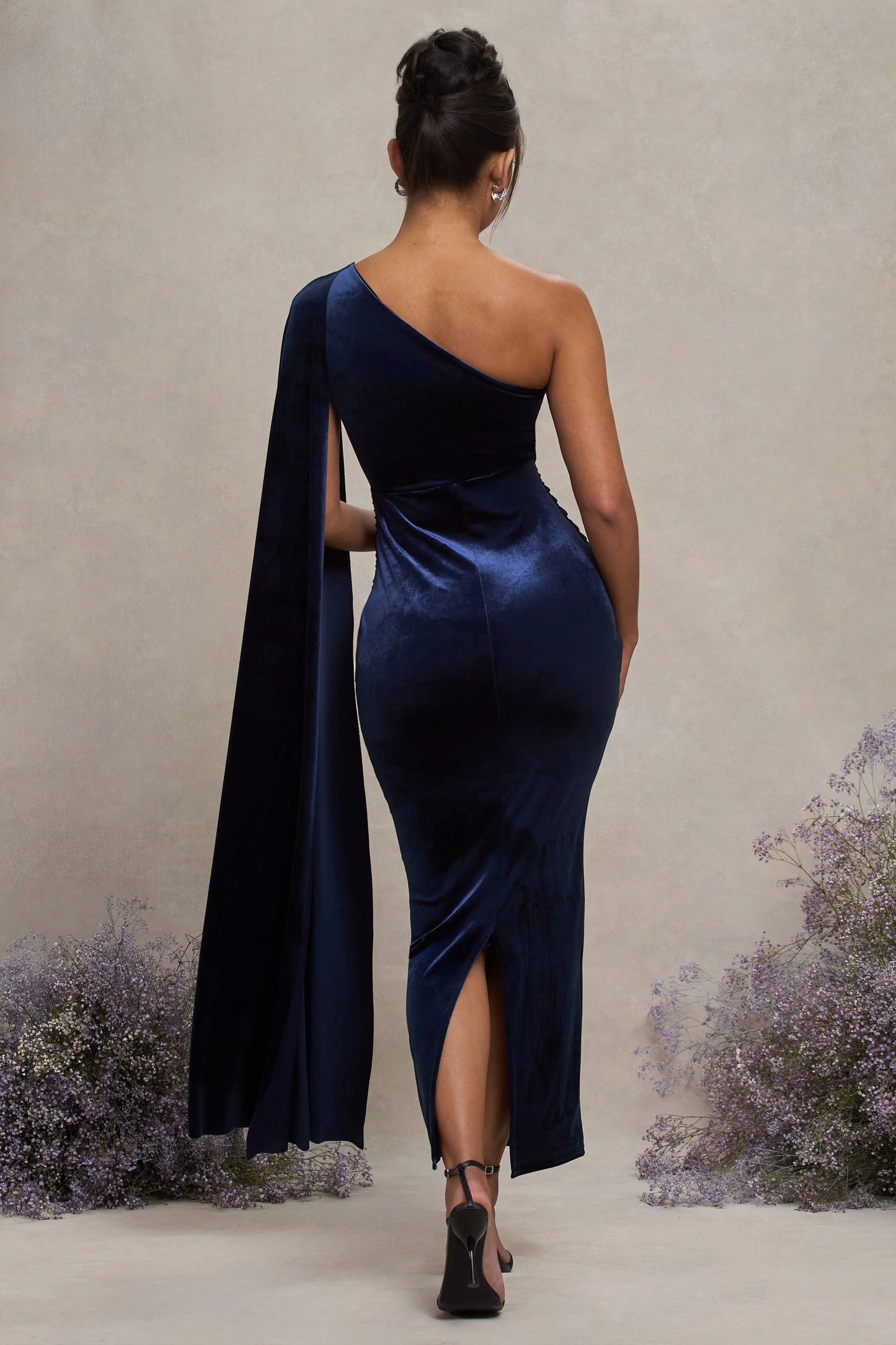 Amaryllis | Navy Velvet Maternity One Shoulder Maxi Dress with Cape Sleeve