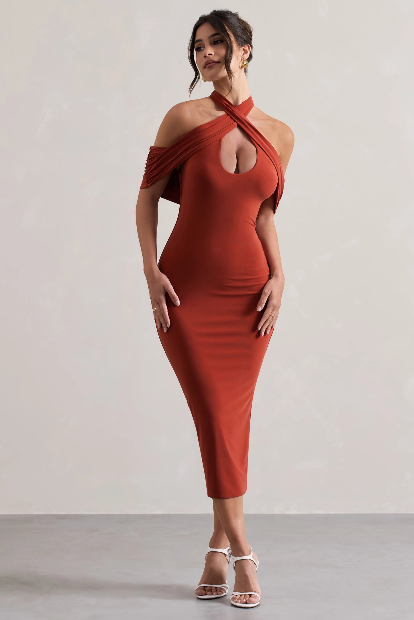 Connect | Terracotta Bodycon Halter-Neck Midi Dress With Cut-Out