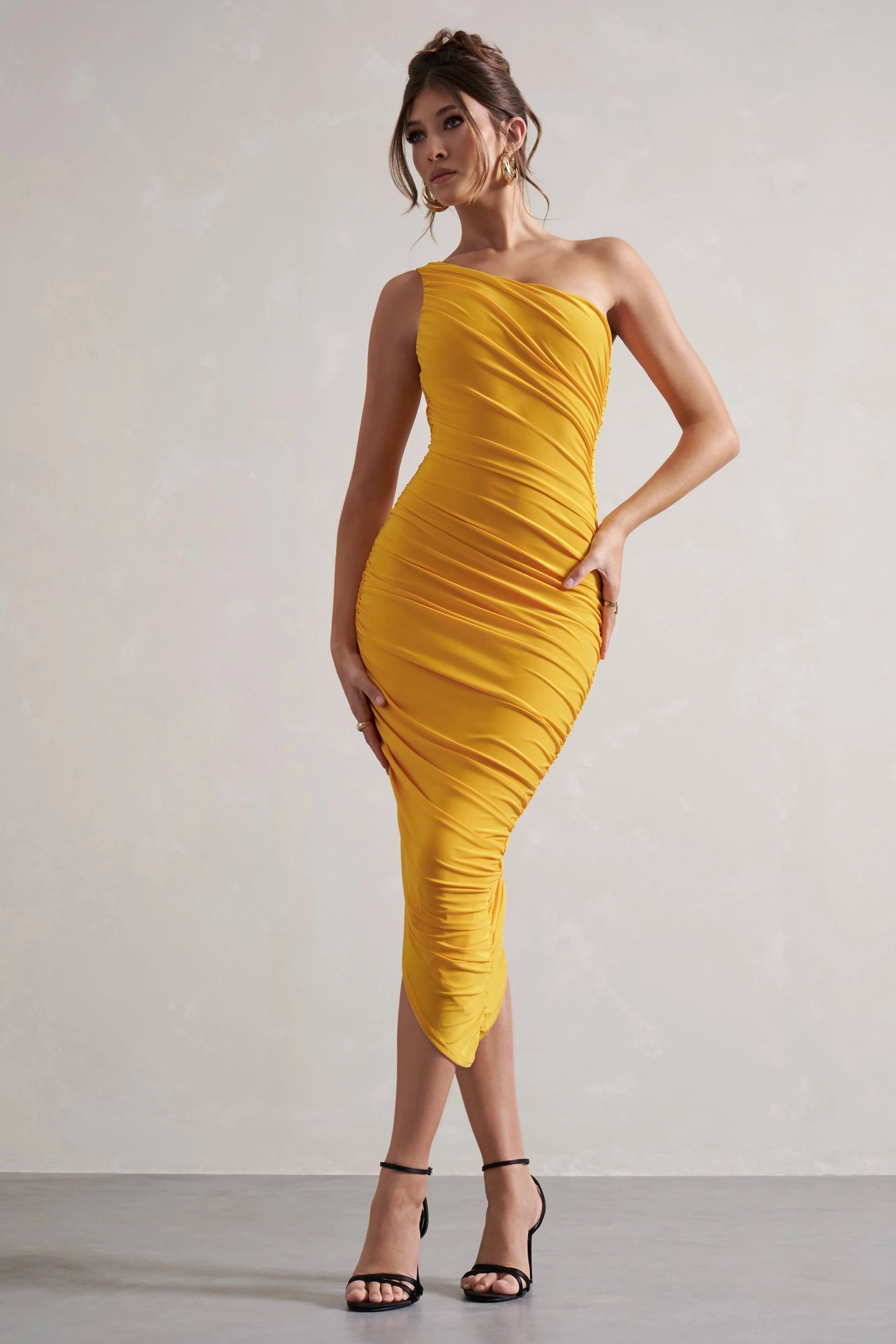 Dorit | Yellow One Shoulder Asymmetric Ruched Midi Dress