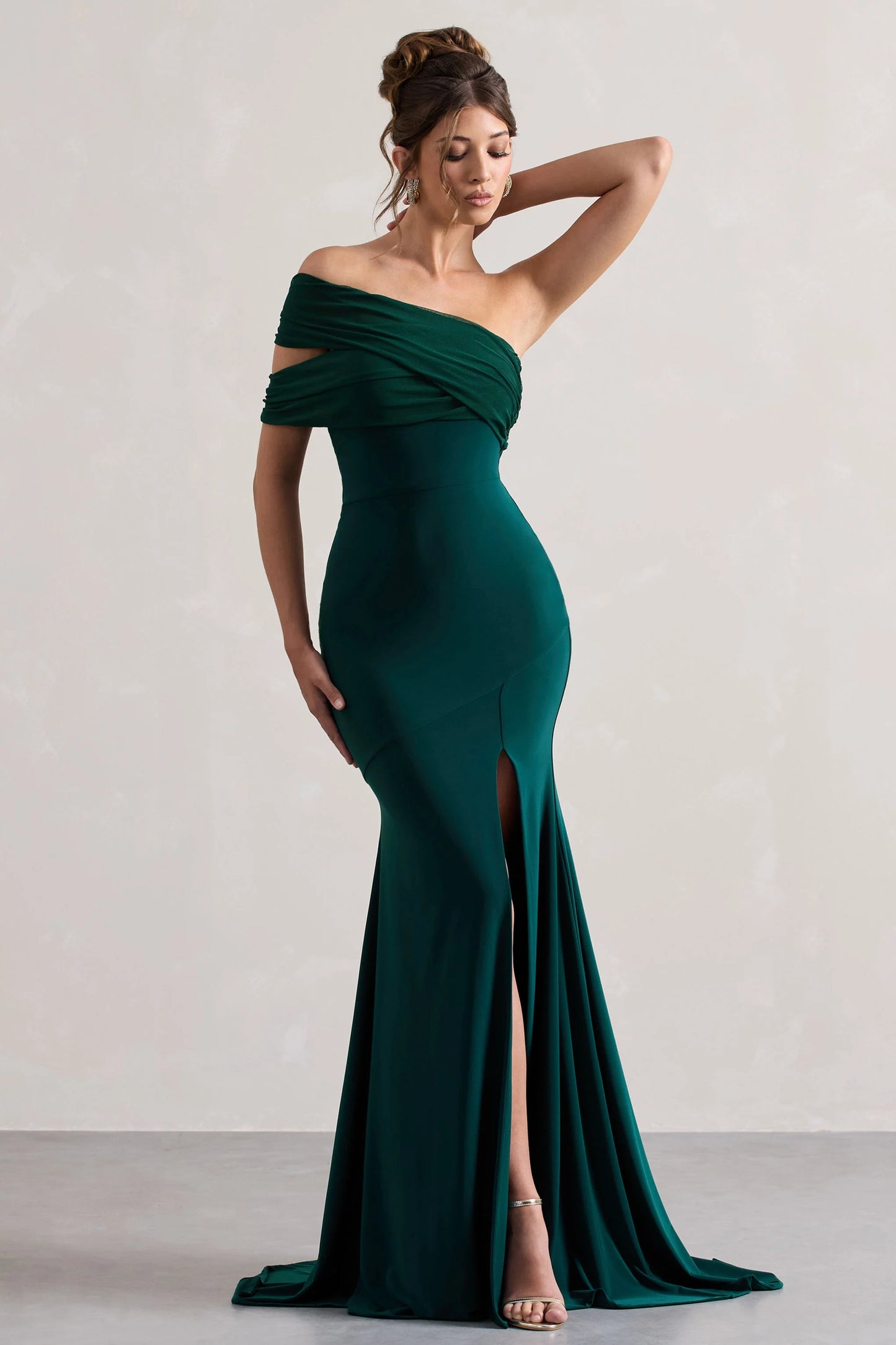 Fused | Bottle Green Asymmetric Bardot Split Maxi Dress