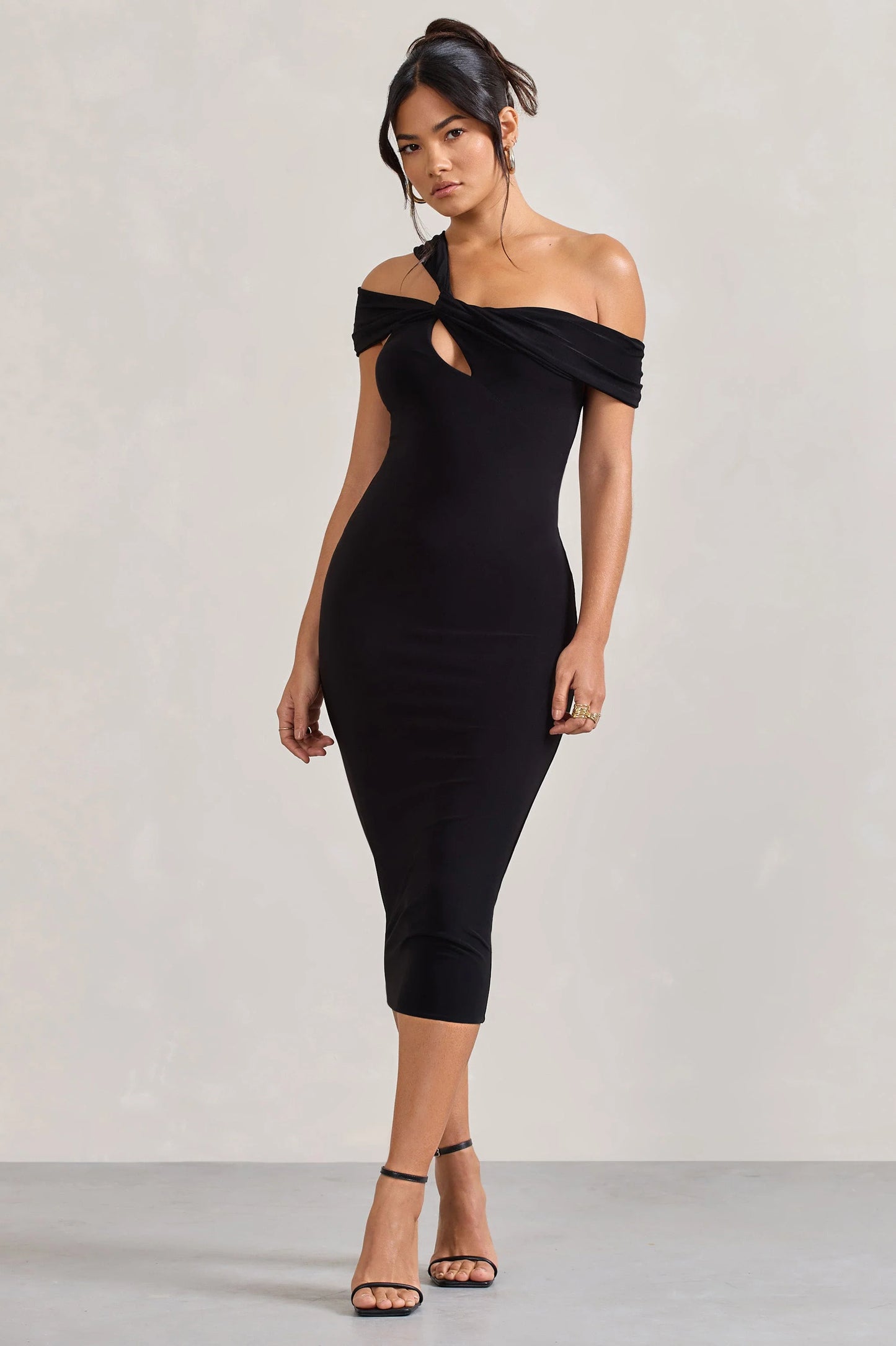 Chain Reaction | Black Strappy Asymmetric Bodycon Midi Dress