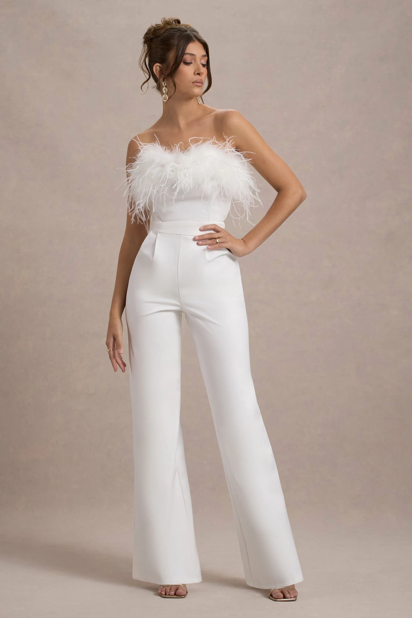 First Class | White Bandeau Feather Wide Leg Jumpsuit