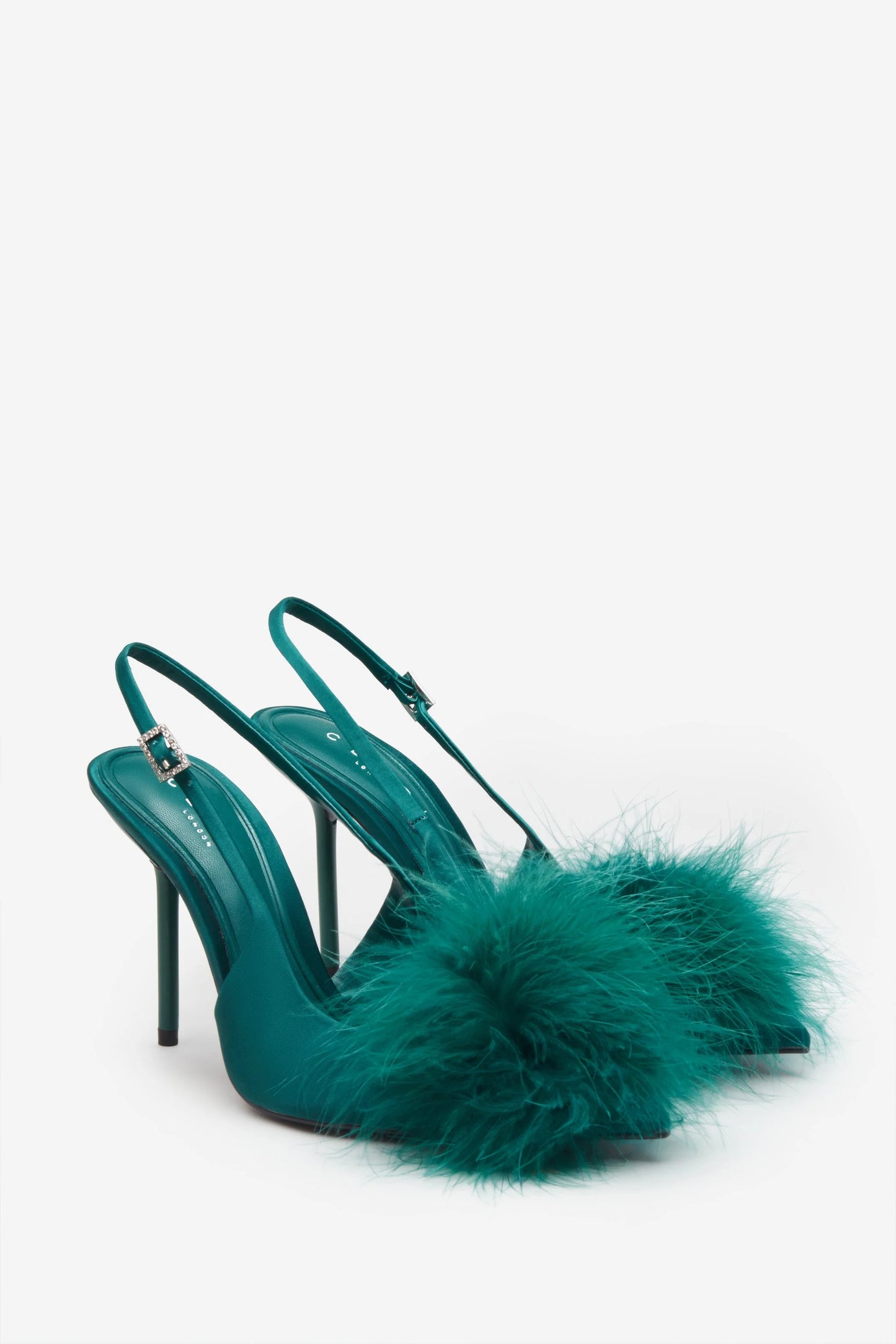 High Pitched | Green Satin Sling Back Heels With Pom Poms