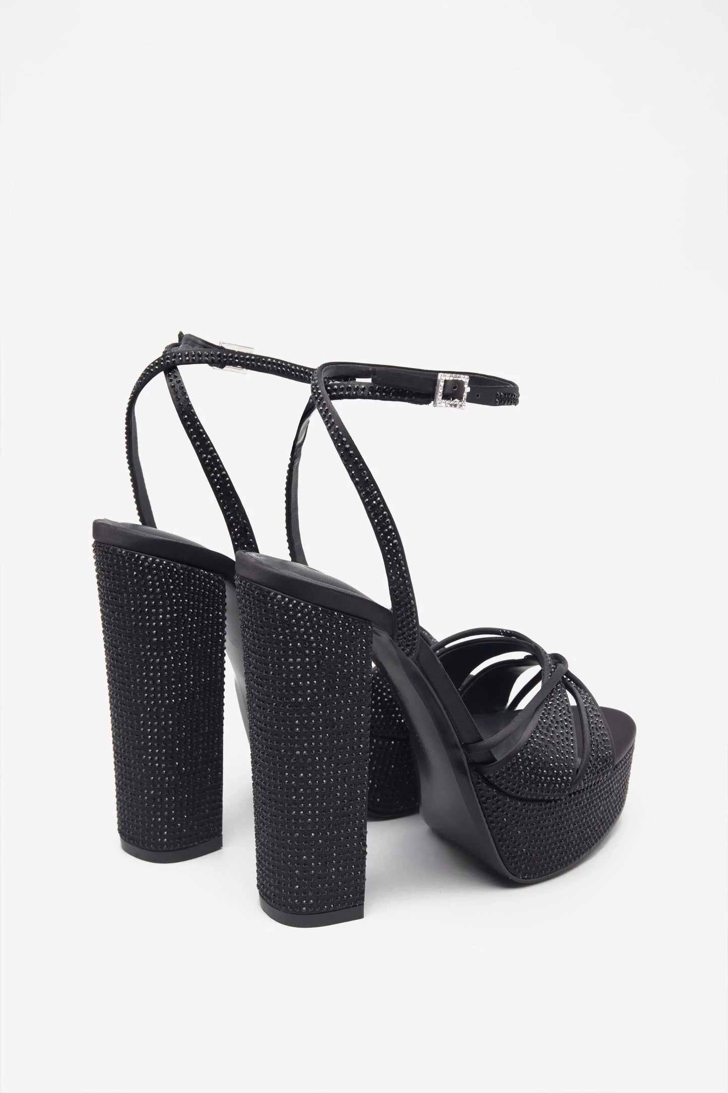 Crystal Cut | Black Strappy Heeled Platform Sandals With Diamante Buckles