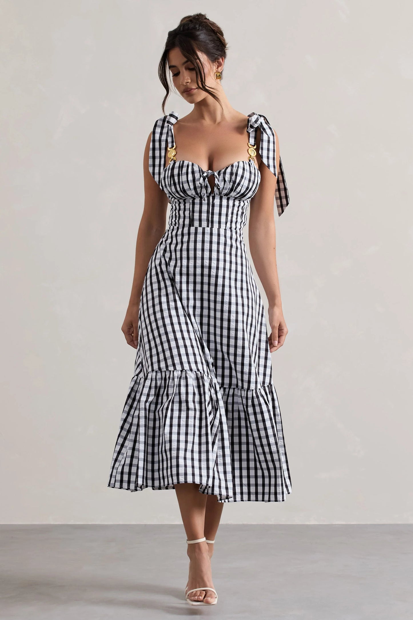 Brighton | Black & White Gingham Sweetheart Midi Dress