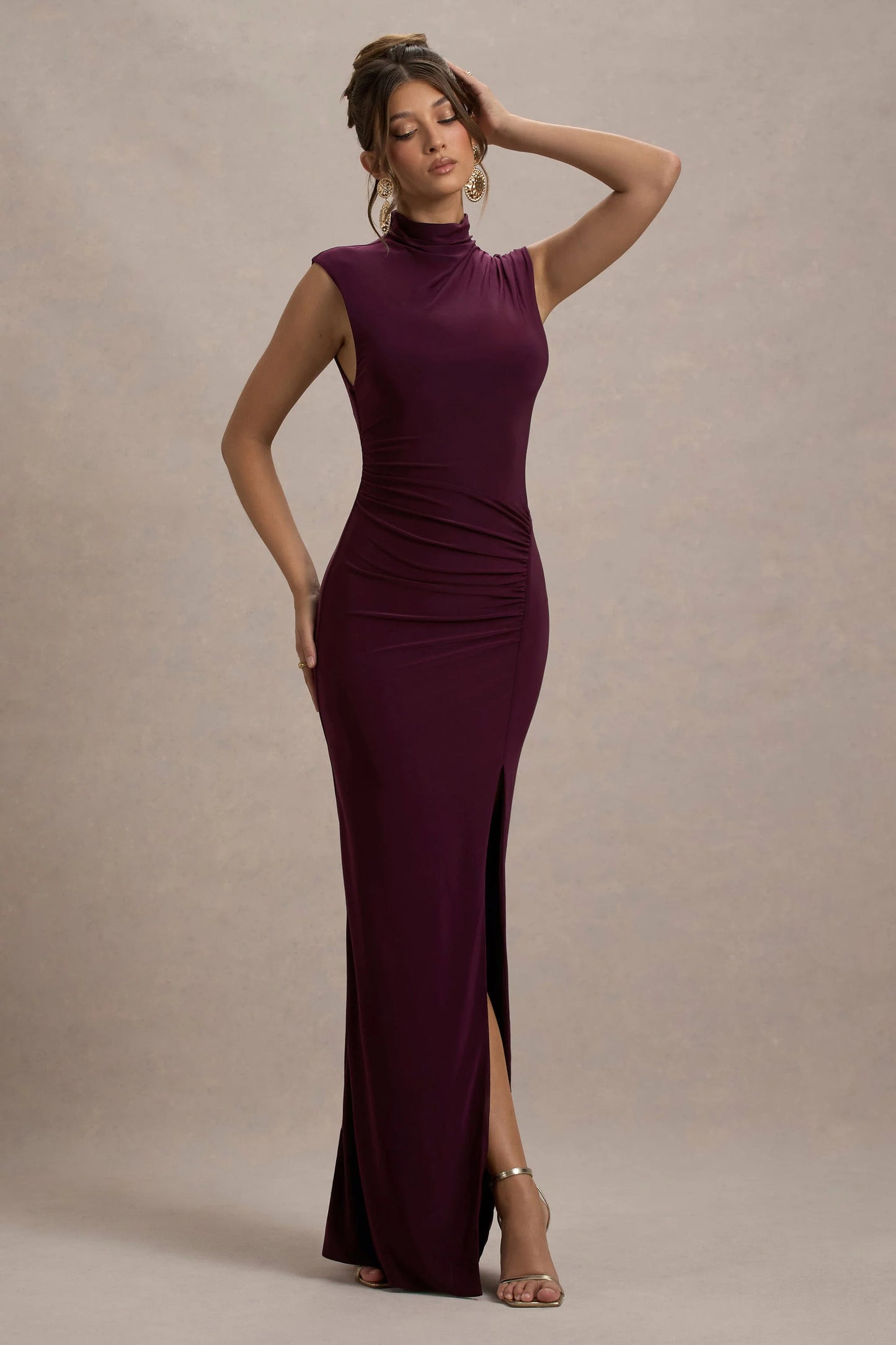 Lanetta | Plum Ruched High-Neck Maxi Dress With Split