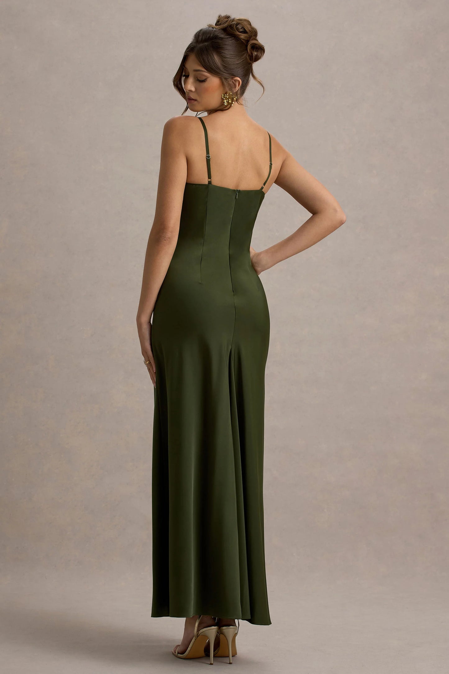 Eimear | Olive Green Satin Draped Sweetheart Maxi Dress