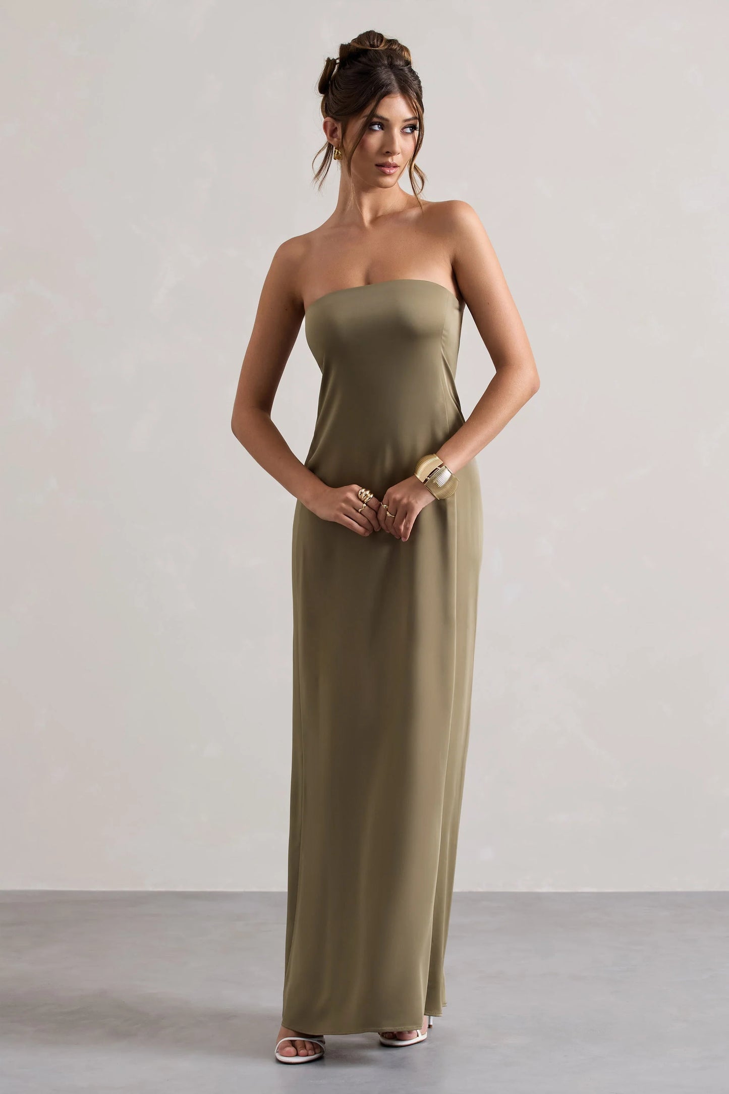 Azra | Olive Satin Bandeau Maxi Dress