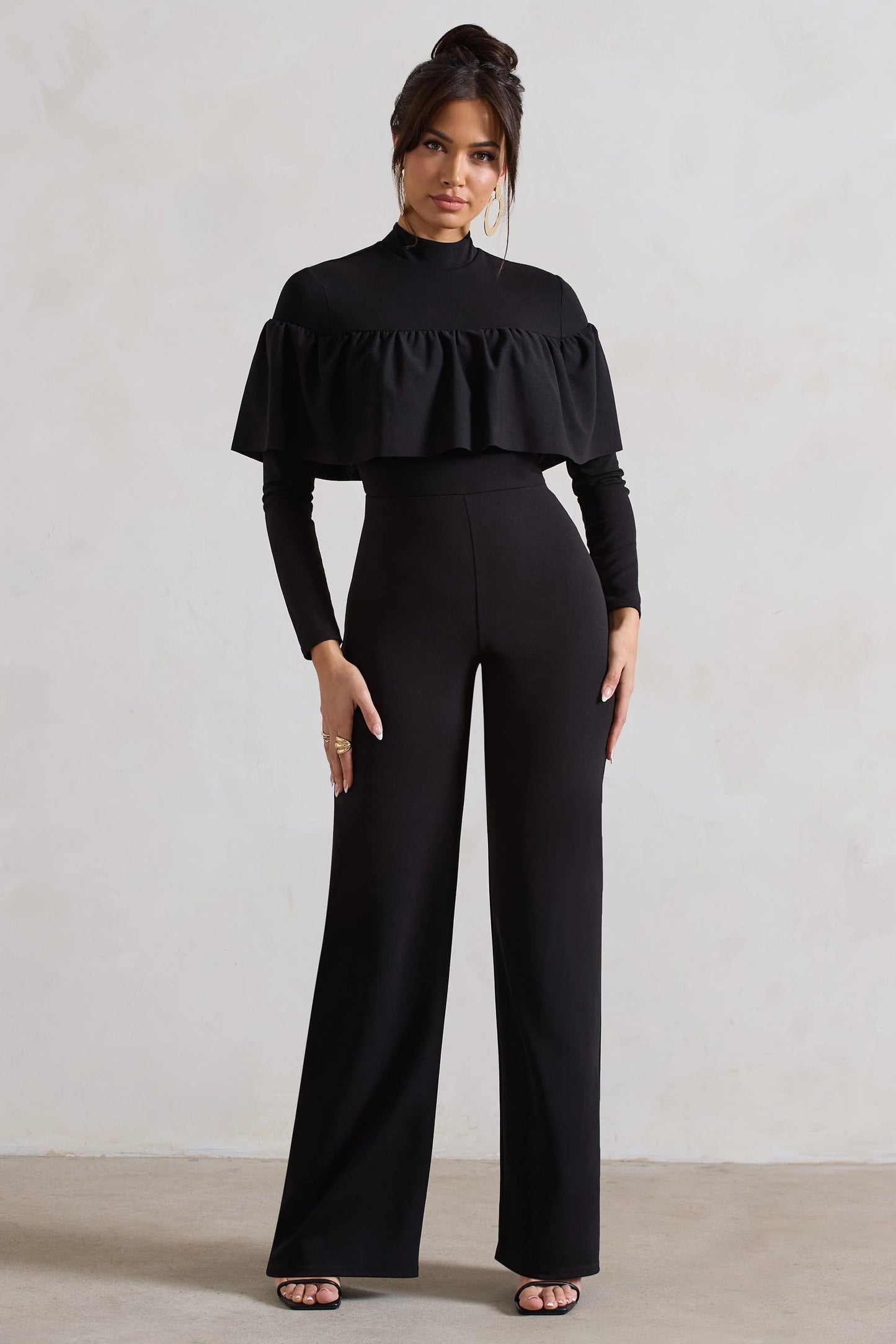 For The Frill | Black High-Neck Straight-Leg Jumpsuit With Frills