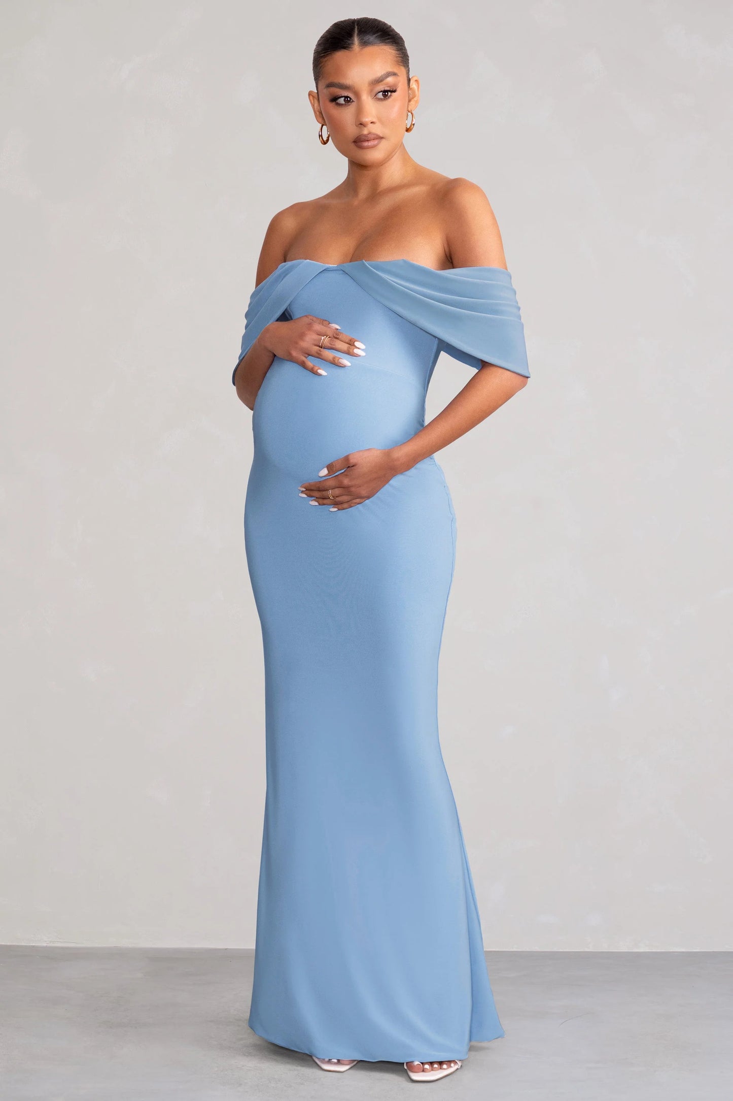 Asha | Powder Blue Draped Sleeve Bardot Maternity Maxi Dress