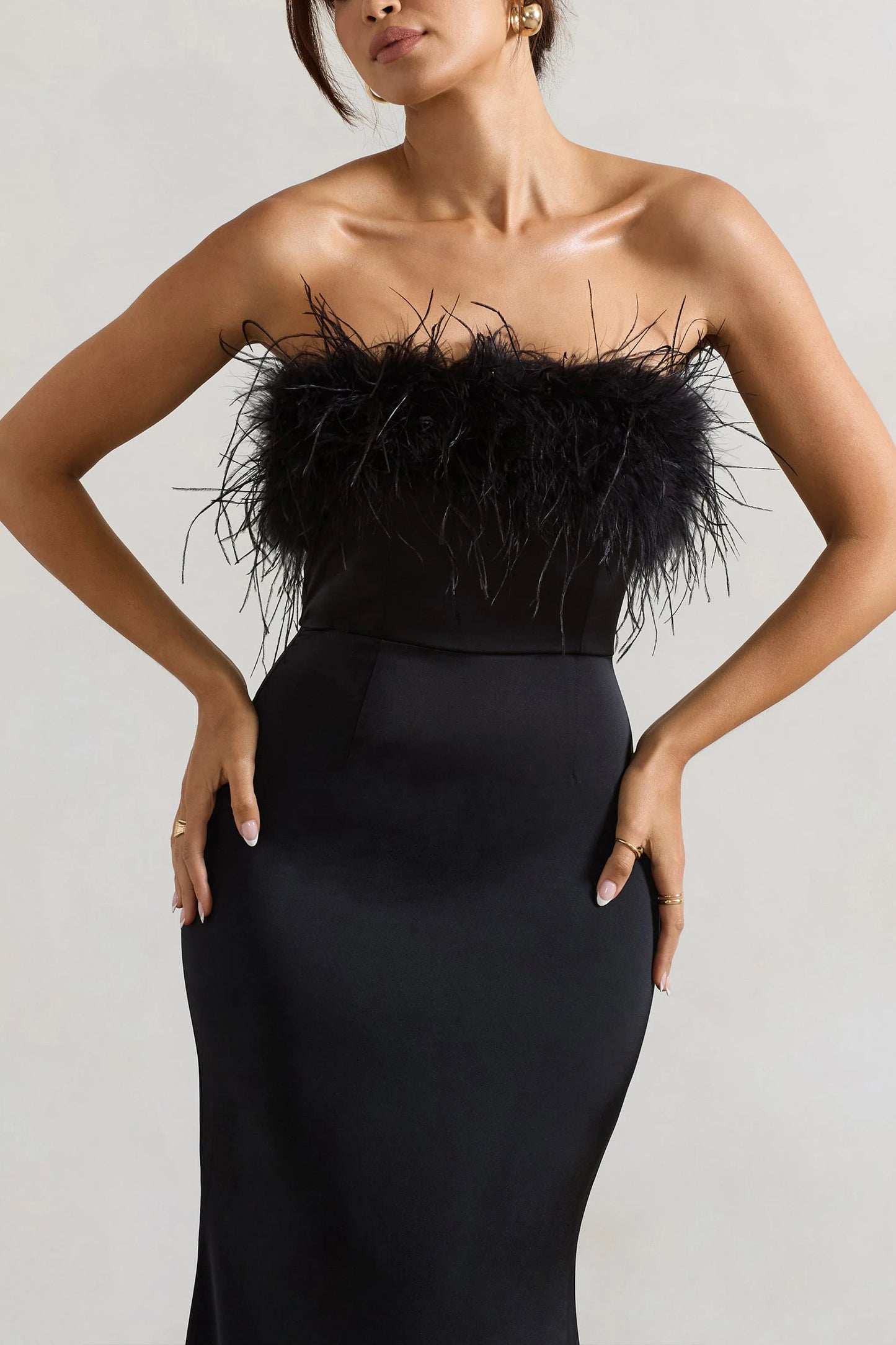 Dress For It | Black Satin Feather Trim Bandeau Maxi Dress