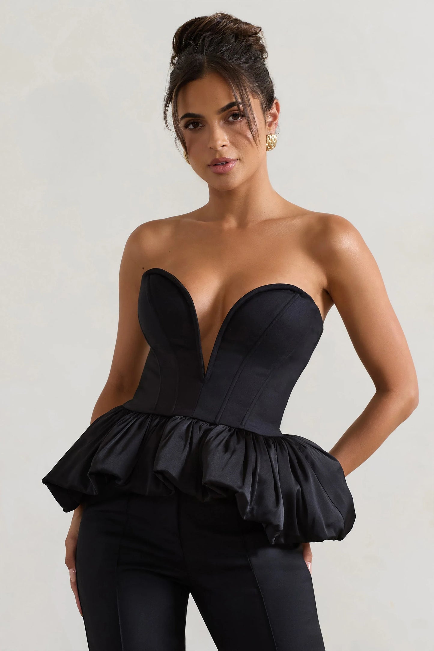 Huntley | Black Sweetheart Corset Top With Satin Puff Hem